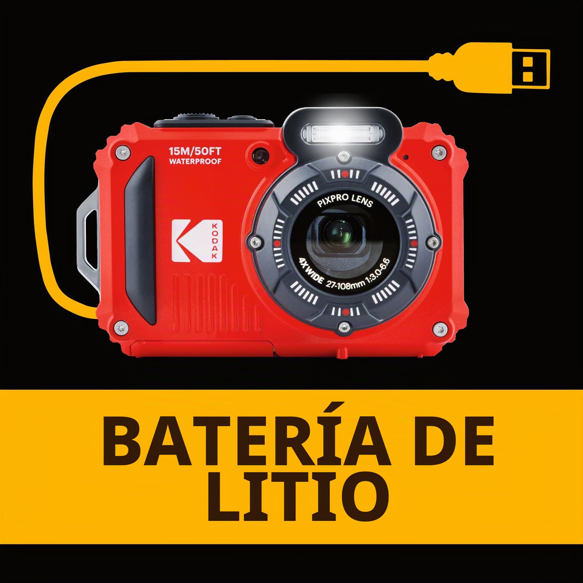 KODAK Pixpro Pack WPZ2 + 2 Batteries + 1 Carte SD - Compact 16M Pixels, Etanche à 15m, Anti-Choc, Video 720p, Ecran LCD 2,7 - Batterie Li-Ion - Rouge