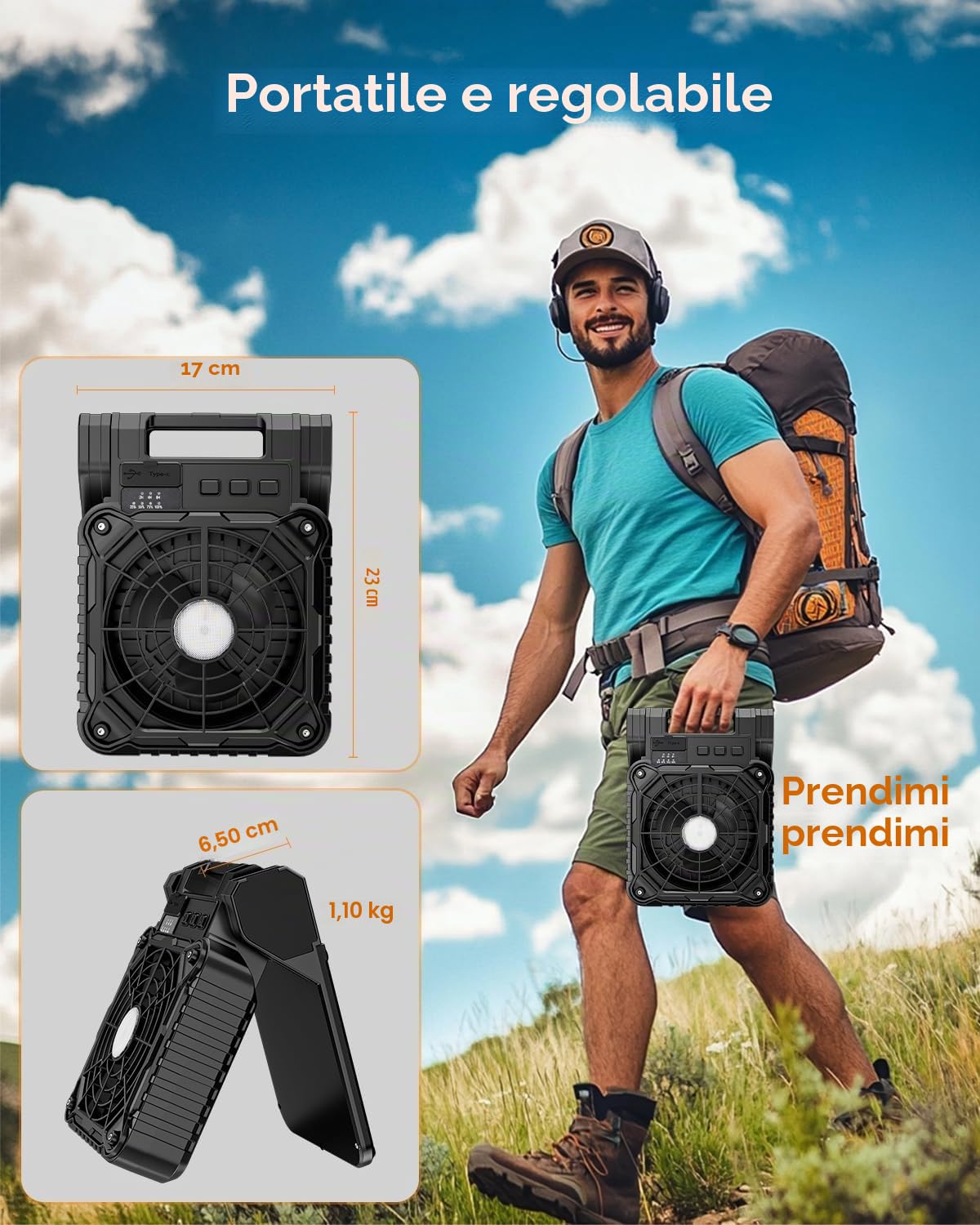 Ventilatore Solare Campeggio 10400 mAh con Lanterna LED, Batteria Ricaricabile, 4 Livelli di Velocità, Timer da 2 a 8 ore, Silenzioso, Ventilatore da Tavolo USB per Tende, Attività all'Aperto