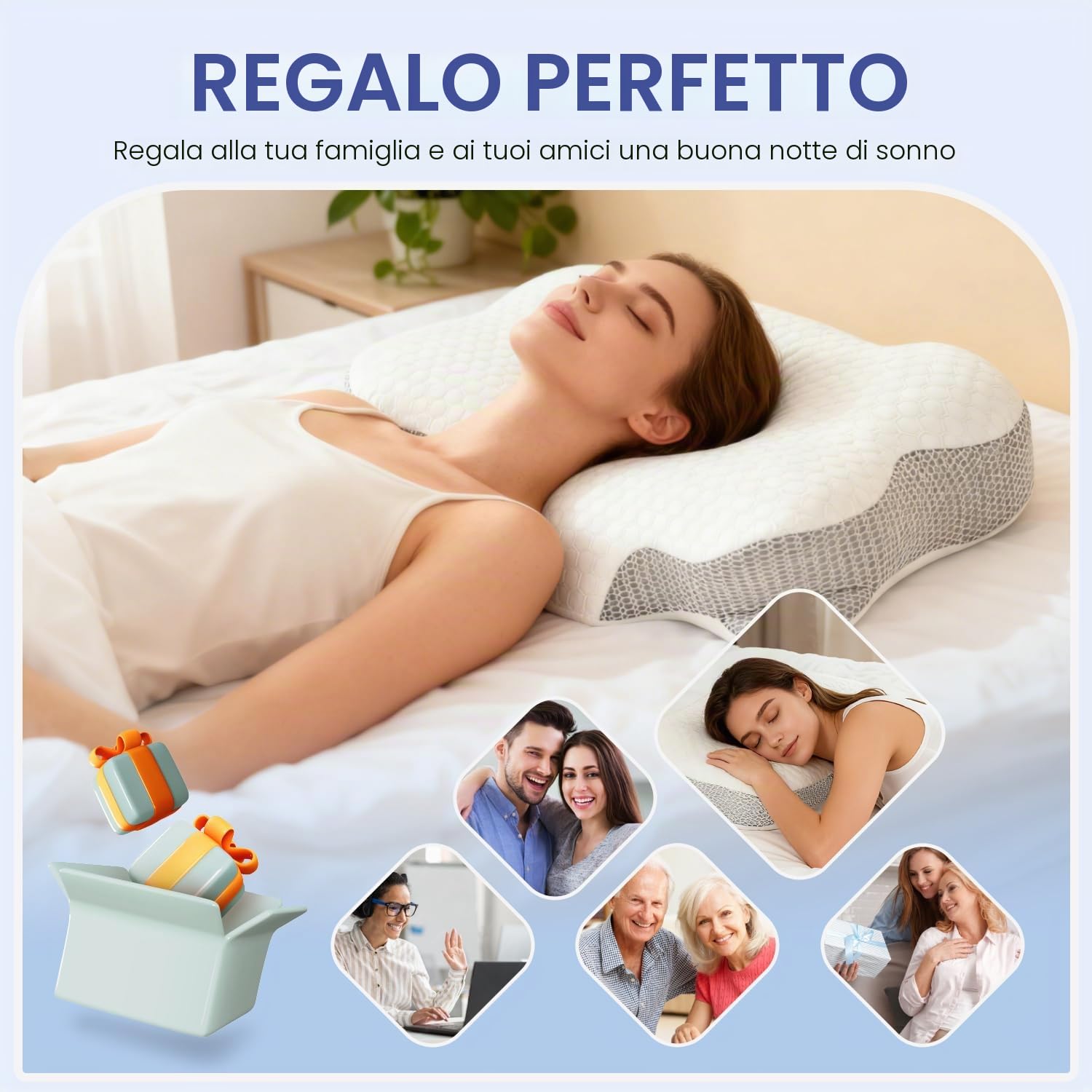 Cuscino Cervicale per Dormire - Cuscino Ortopedico in Memory Foam, Ergonomico, Supporto Collo Fianco/Schiena, Federa Sfoderabile e Lavabile, 58×40×13/10 cm (Cream)