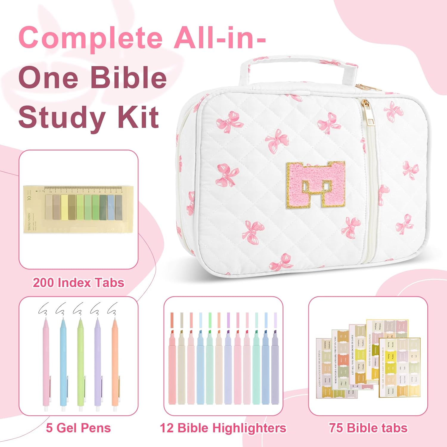 Personalized Initial Bible Cover Case for Women Girls Kid - Large Quilted Bible Case with Handle, Stylish Chenille Letter Bag Study Supplies, Perfect Christmas Gifts for Christians Women (Pink Bow-E)