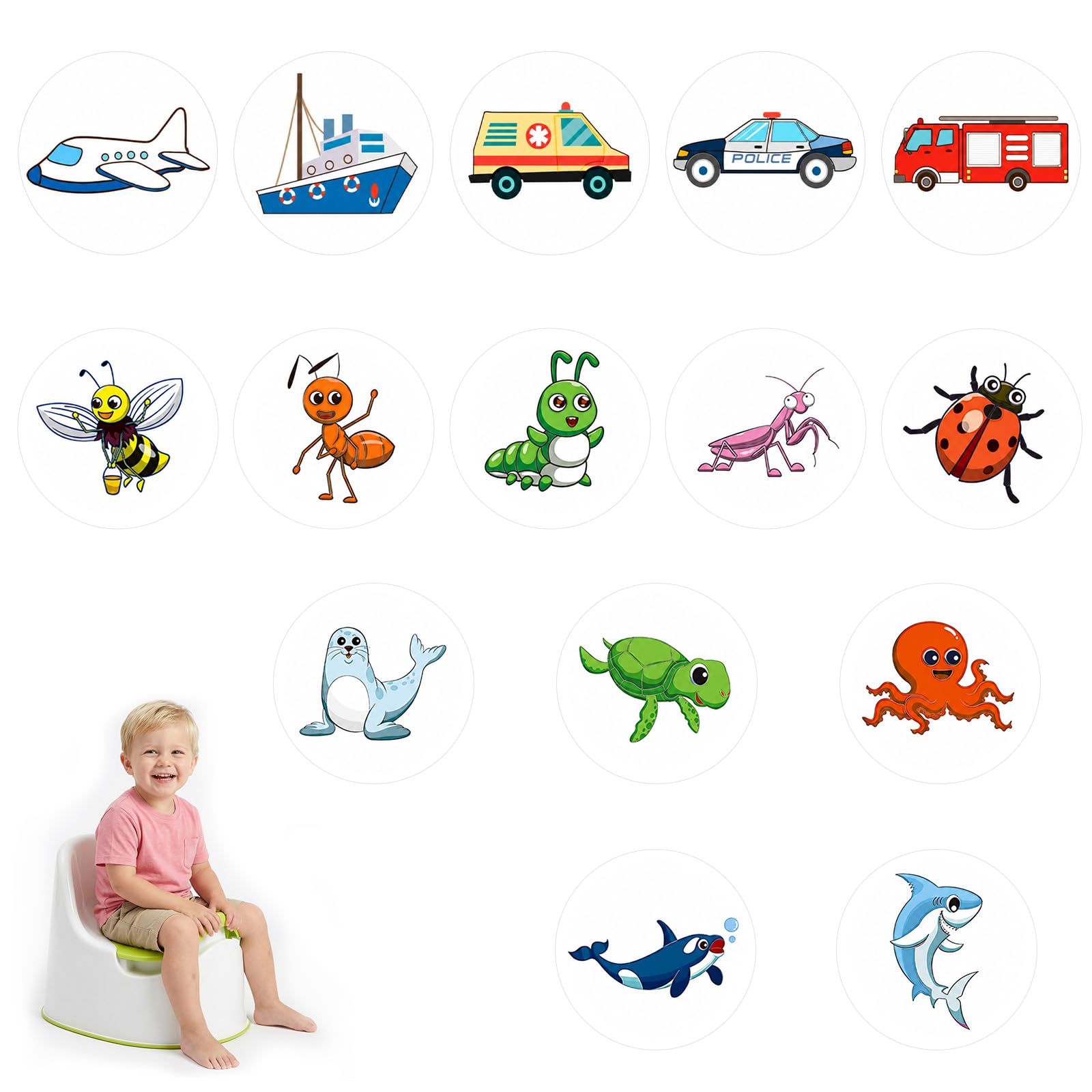 15 Pcs Potty Training Stickers Color Changing Reusable Pee Targets with Dinosaur Animal Designs for Boys Girls Toilet Training (Transportation and Insects, Style 3) — image 1