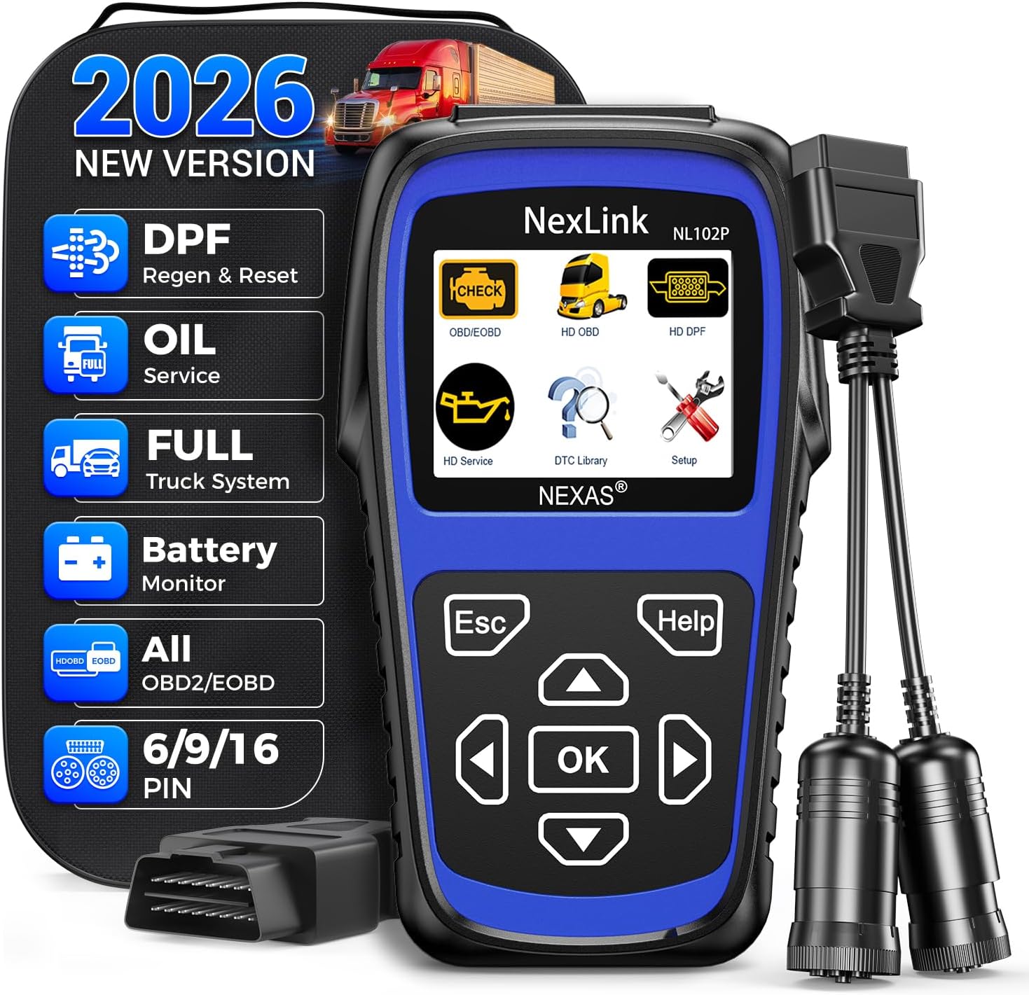 NEXAS NL102 Plus Heavy Duty Truck Scan Tool with DPF Regen Tool Full System Diagnostic Scanner HDOBD/EOBD Diesel Scanner with Oil Reset Sensor Calibration Truck & Car 2 in 1 Code Reader Elite Version