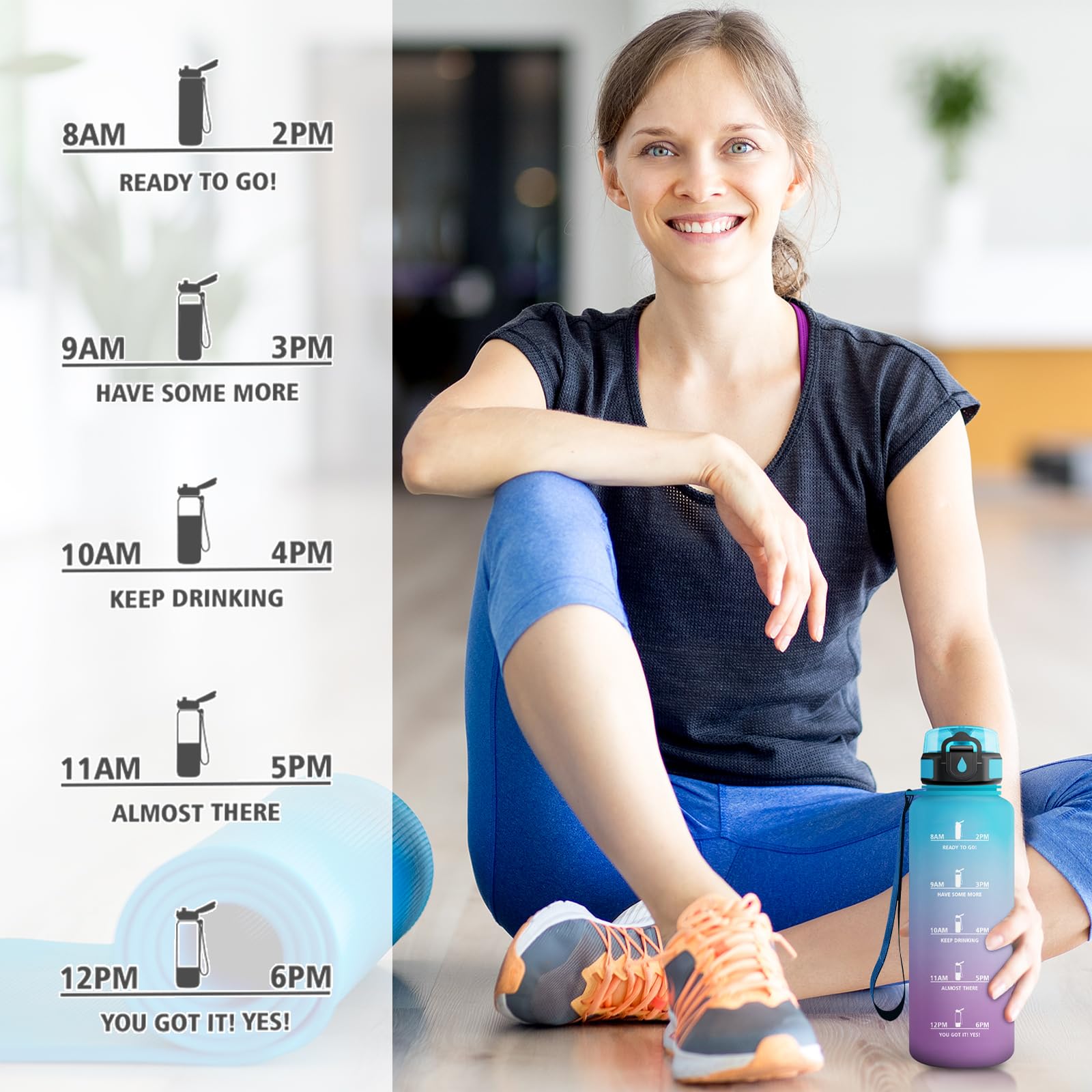 Borraccia 1.5 Litro, Bottiglia con Filtro, Borraccia senza BPA, Riutilizzabile, Bottiglia Motivazionale con Indicatore del Tempo, A Prova di Perdite, Borracce ideale per Scuola, Ufficio, Campeggio