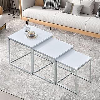 nozama White Nest of Tables Set of 3,Gloss Nesting Tables,Sofa End Side Coffee Table for Small Space Living Room Bedroom, 40X40X42CM