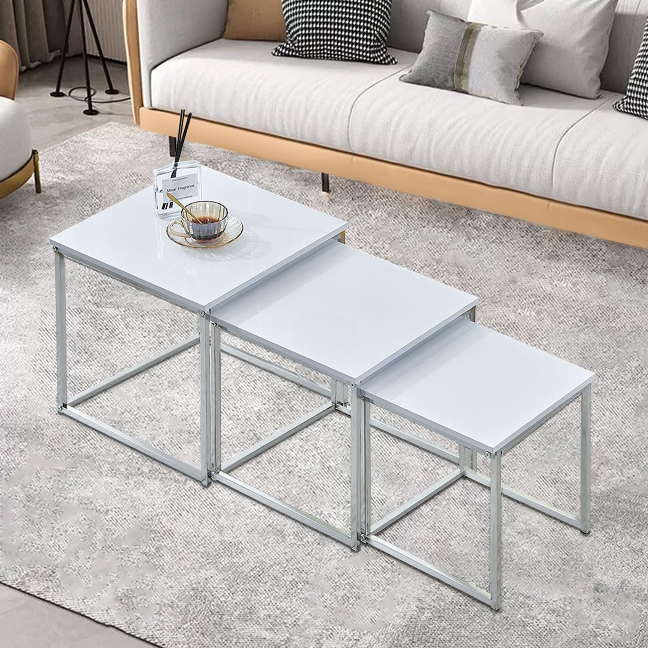 nozamaWhite Nest of Tables Set of 3,Gloss Nesting Tables,Sofa End Side Coffee Table for Small Space Living Room Bedroom, 40X40X42CM