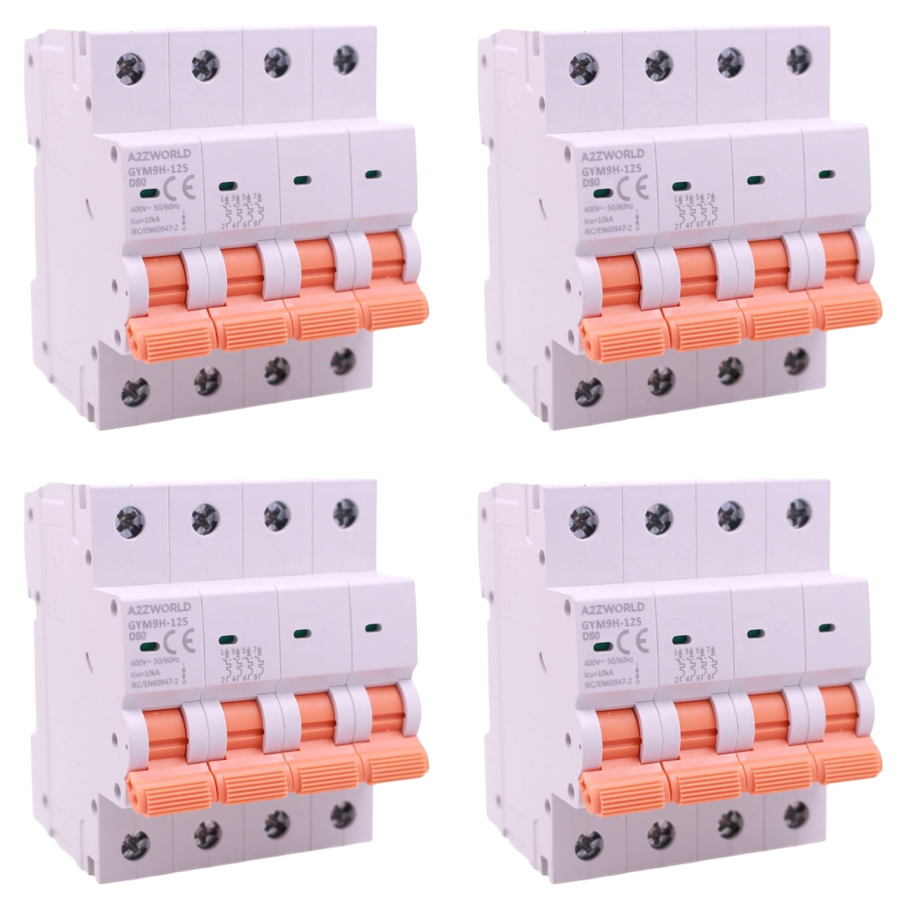 4 interruptores magnetotérmicos trifásicos 4P 80A D80, curva D 10kA, 4 módulos DIN 380 V AC, certificado IEC60898-1, serie GYM9H-125 profesional