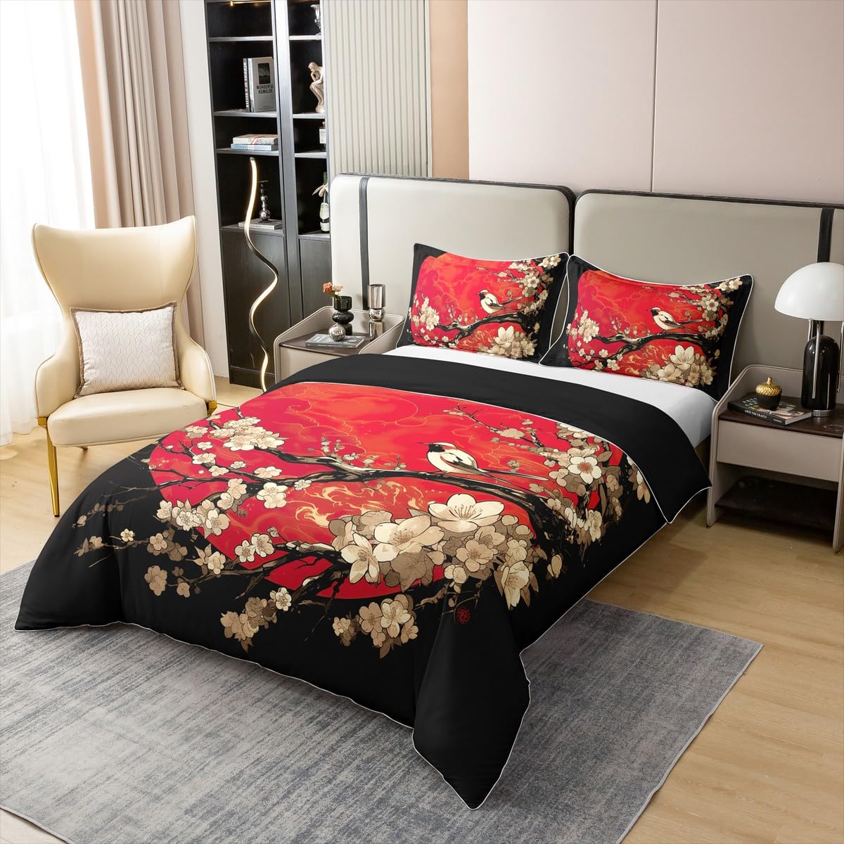Japanisches Ukiyoe Thema, 100 % Baumwolle, Bettwäsche für Kinder, Erwachsene, Mädchen, Frauen, japanischer Stil, Bettbezug 240 x 260 cm, Kirschblüten, Bettwäsche-Set