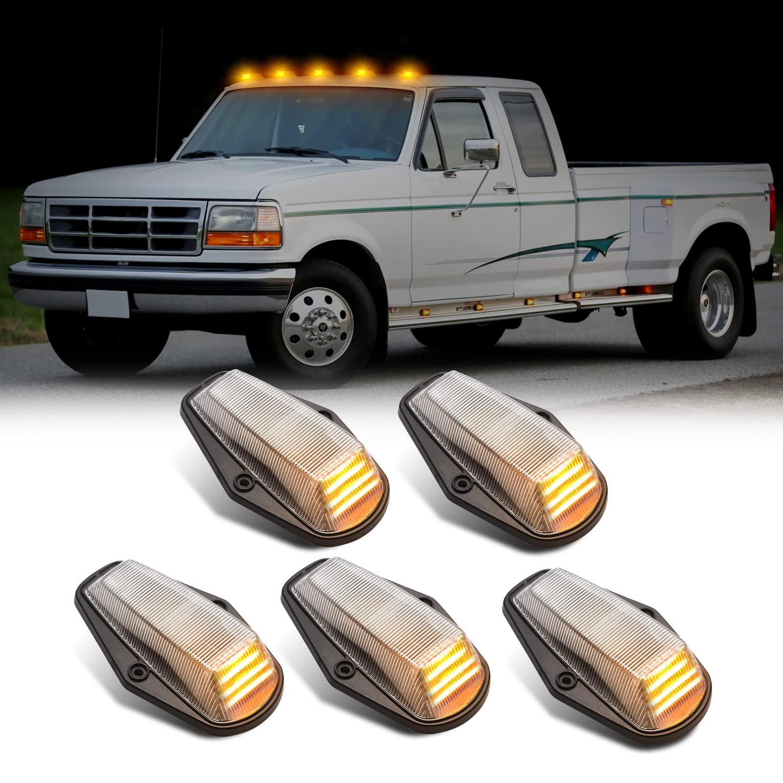 SHINEFIT LED Cab Roof Running Light Compatible with 1984-1997 F150 F250 F350 F Series Pickup Super Duty Trucks, 5PCS Front Amber Top Roof Clearance