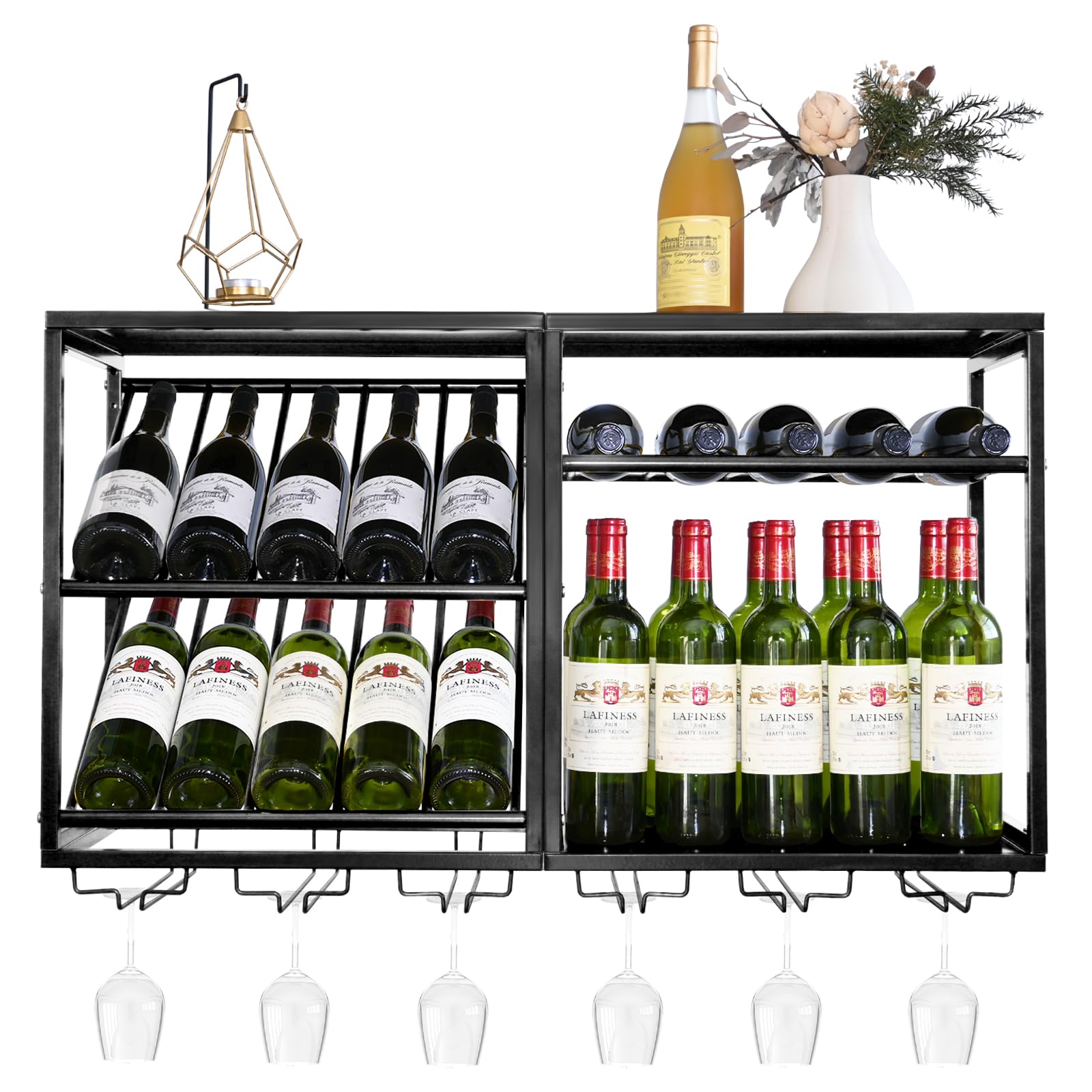 PY Wall Mounted Wine Rack - 20 Bottles Black Wall Wine Rrack with 6 Glass Holder, Modern Metal Frame Wine Storage Display Shelf Space-Saving Design for Home Bar Kitchen Dining Room