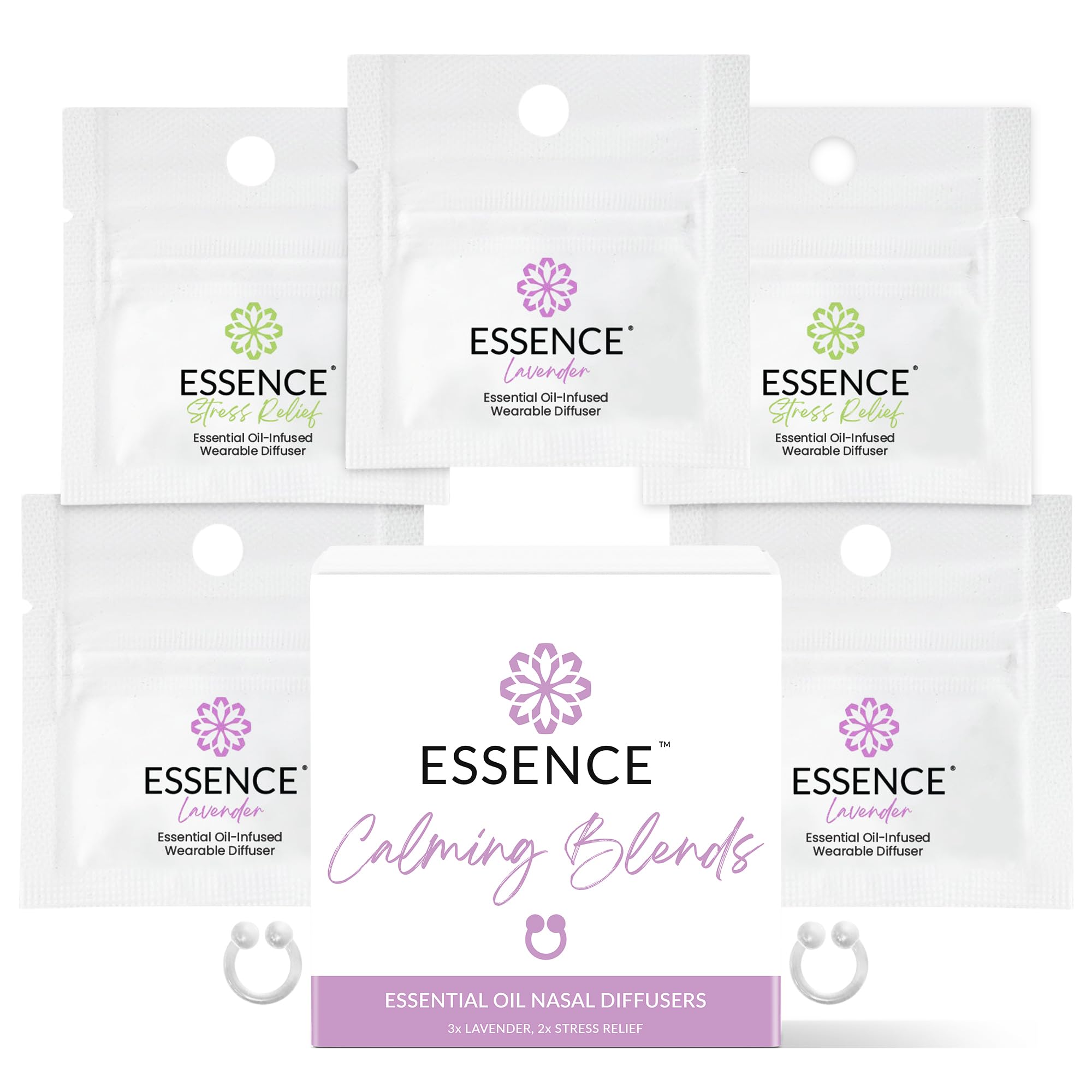 Essence Nasal Diffuser Calming Bundle – Aromatherapy Essential Oil Silicone Nose Rings for Stress & Sleep Support – Wearable Lavender & Stress Relief Blends for Relaxation & Nighttime Use