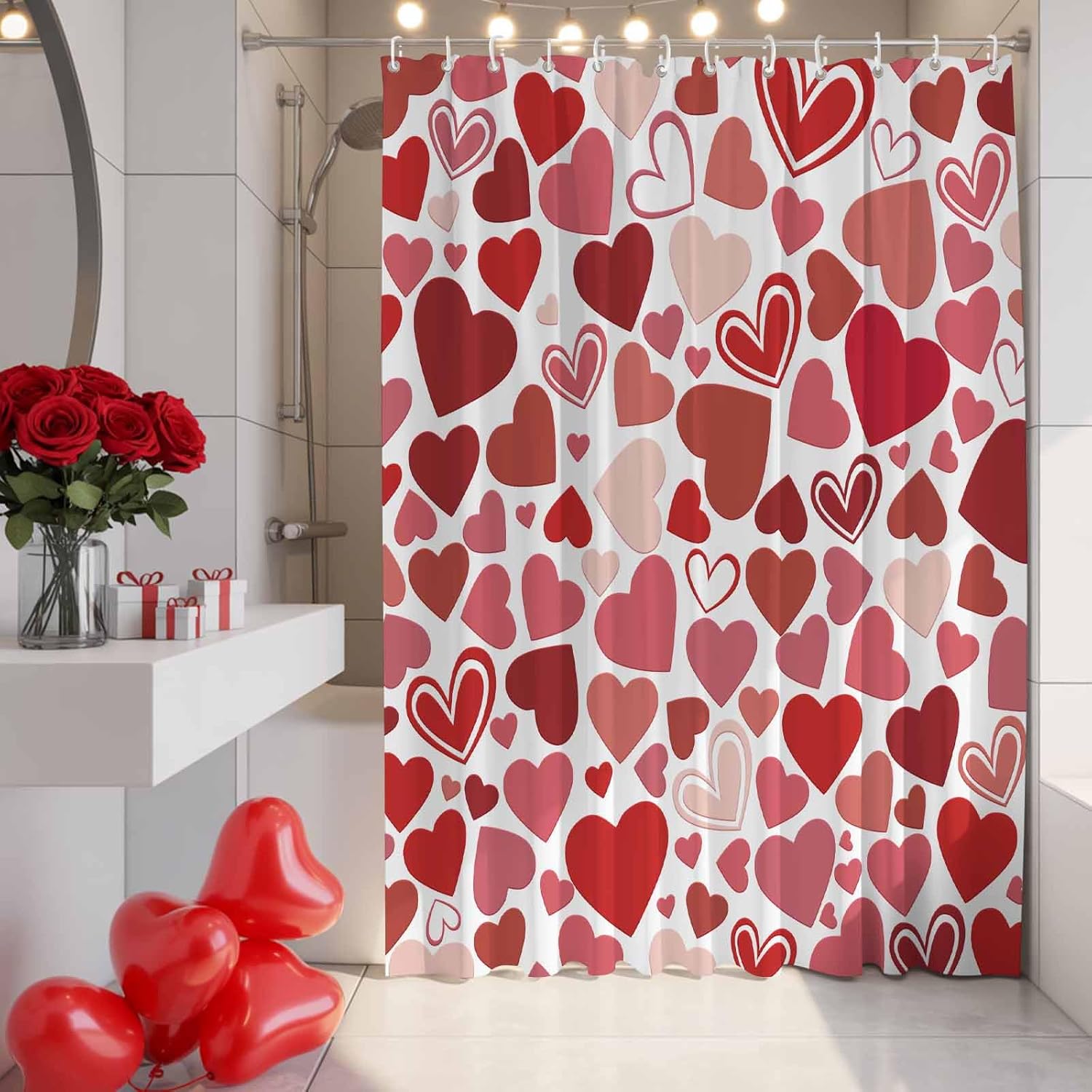 ALAGEO Valentine's Day Shower Curtain Pink Red Heart Shower Curtains for Bathroom Decor Romantic Love Heart Bath Curtains Sets with Hooks for Valentines Day Home Decor Waterproof Extra Long 72" X 84"