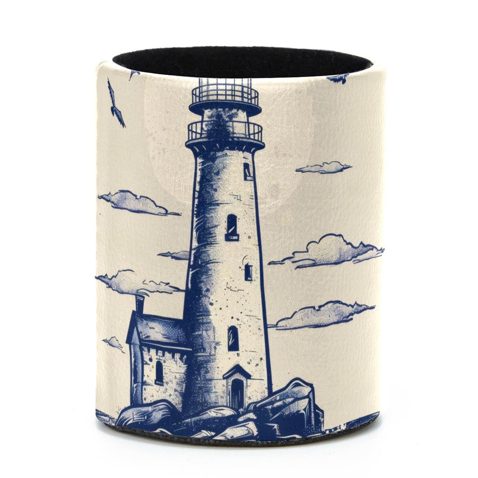 VAPOKF Round Pencil Holders for Desk, Hand Drawn Vintage Ocean Lighthouse Pen Holders Pen Pot Makeup Brushes Storage Desktop Stationery Supplies Organiser for Home Office