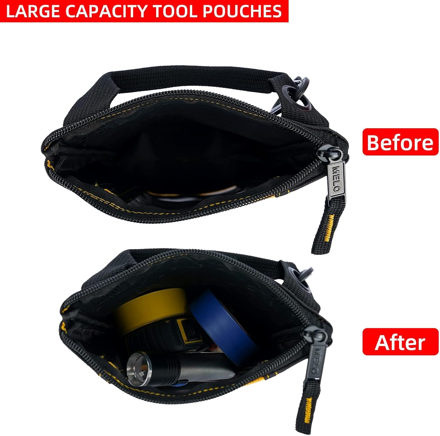 MELOTOUGH Small Tool Pouch Fastener Bag Utility Canvas Tool Zipper Pouches Mesh Tool Bag with Carabiner Clip (4, Yellow)