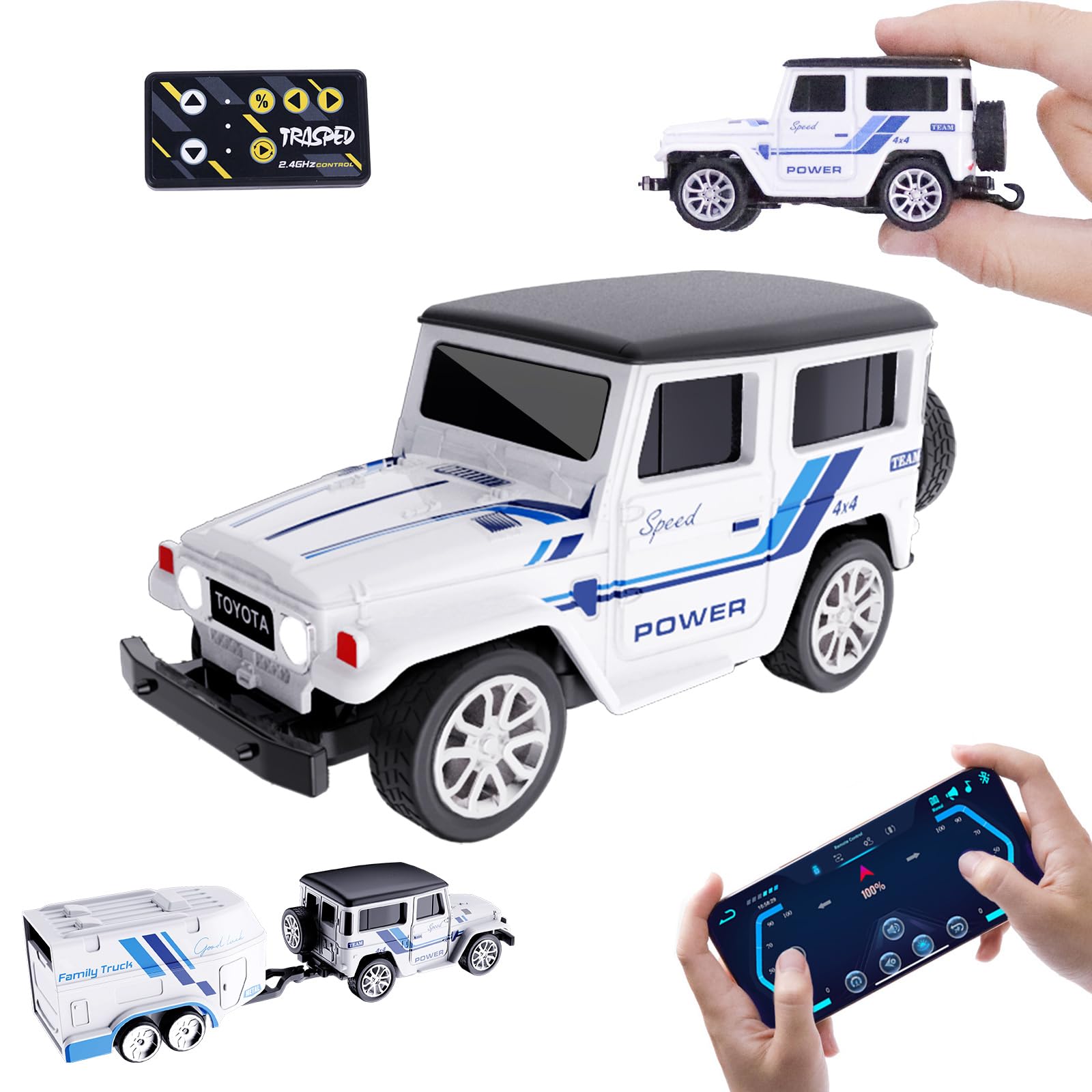 Mini RC Car with APP Control, 1:64 Scale Off-Road Vehicle & Trailer Toy, 2.4GHz Wireless Remote Control, LED Lights, Alloy Case, MultiControl Modes, Speed/Steering Adjustable (White)