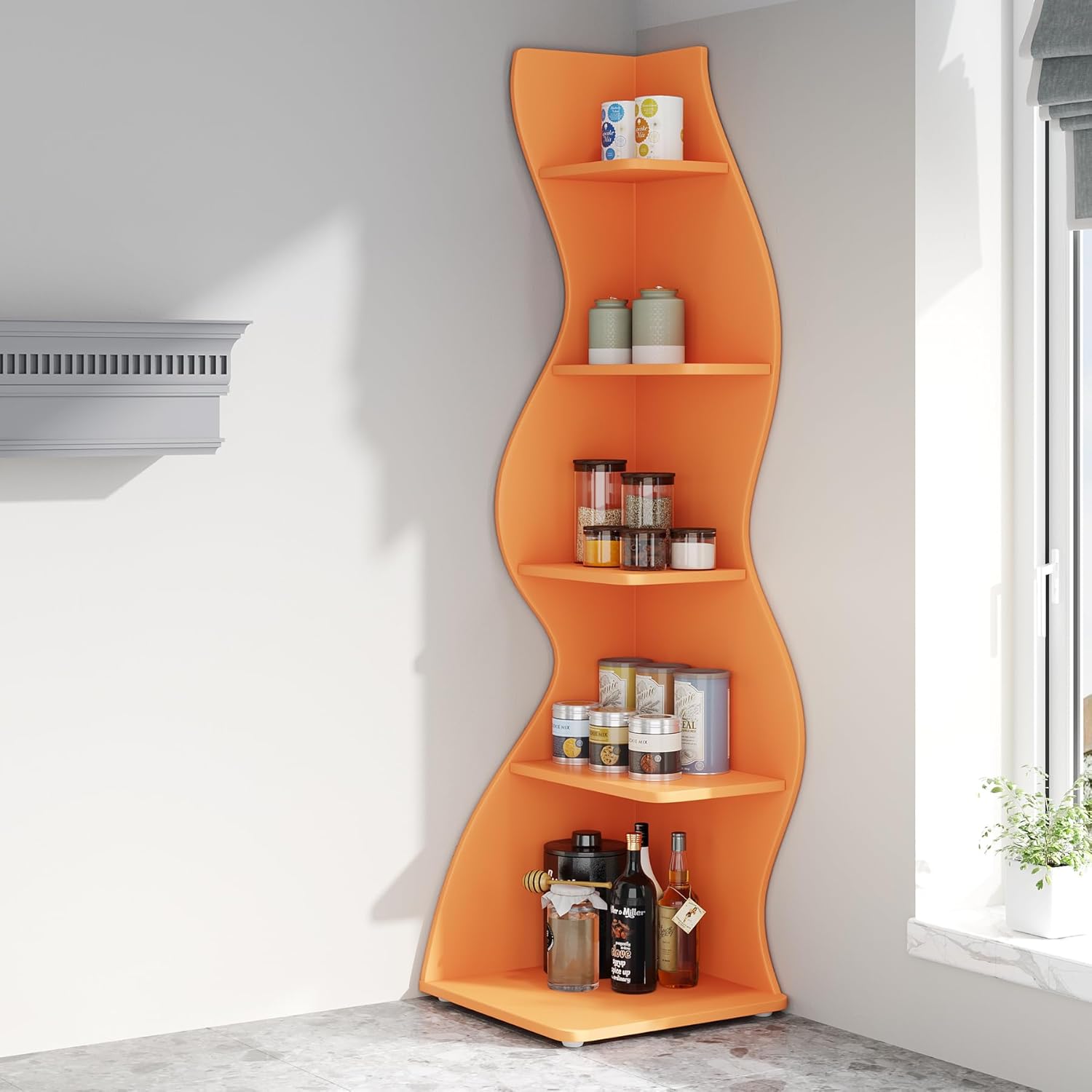 Tribesigns Corner Shelf, Modern 5-Tier Wall Corner Bookshelf, Stylish Corner Small Bookcase Storage Rack Plant Stand with Unique Shape for Living Room, Home Office (Orange, 1PC) Orange 1PC