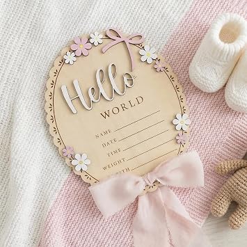 Baby Announcement Sign with Stand & Marker Hello World Wooden Name Plaque for Newborn Photoshoot, Baby Shower, Rustic Keepsake Birth Stat Sign for Hospital Birth Announcement Light pink ribbon