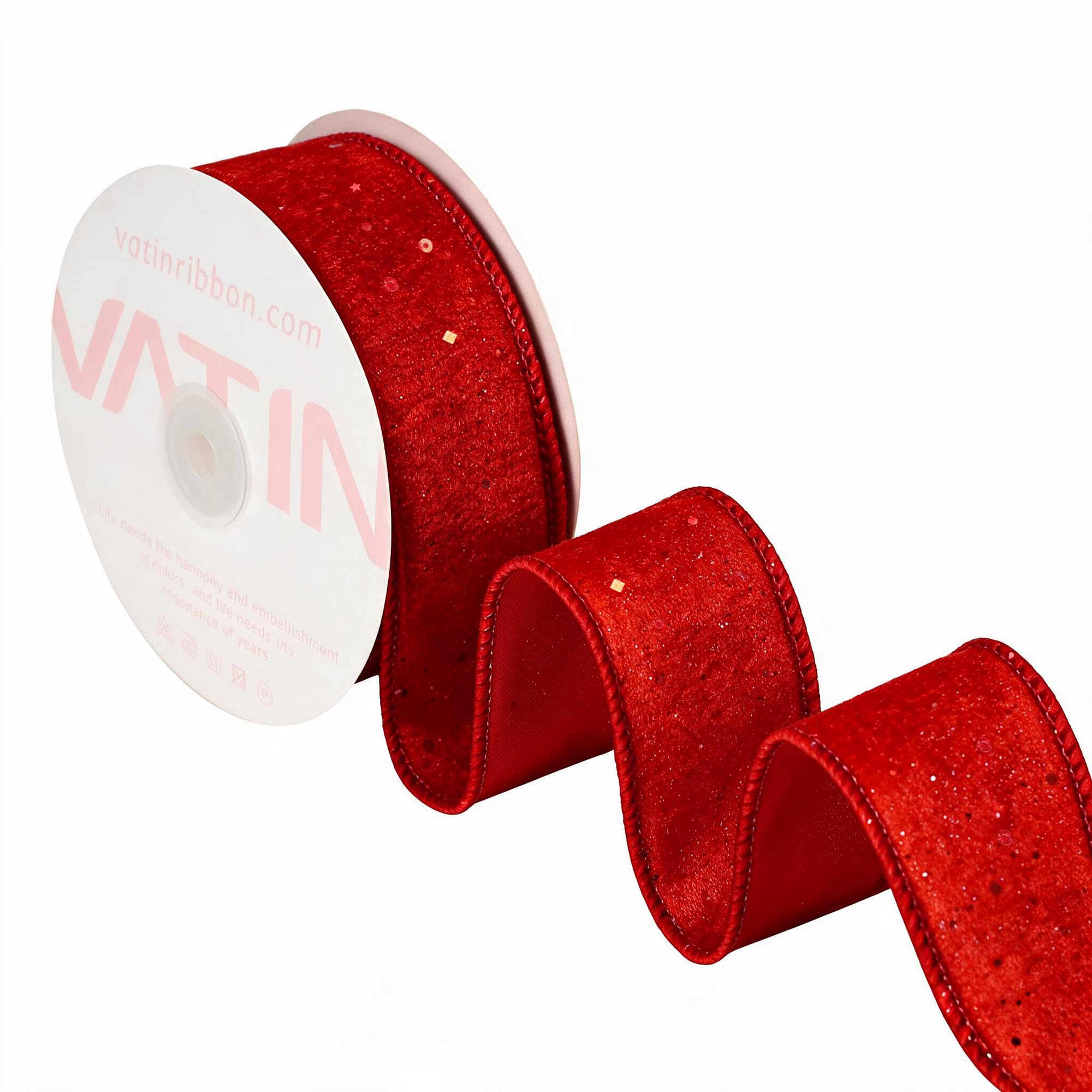 VATIN Red Glitter Wired Ribbon, 38 MM x 9 M, Christmas Tree Decorations