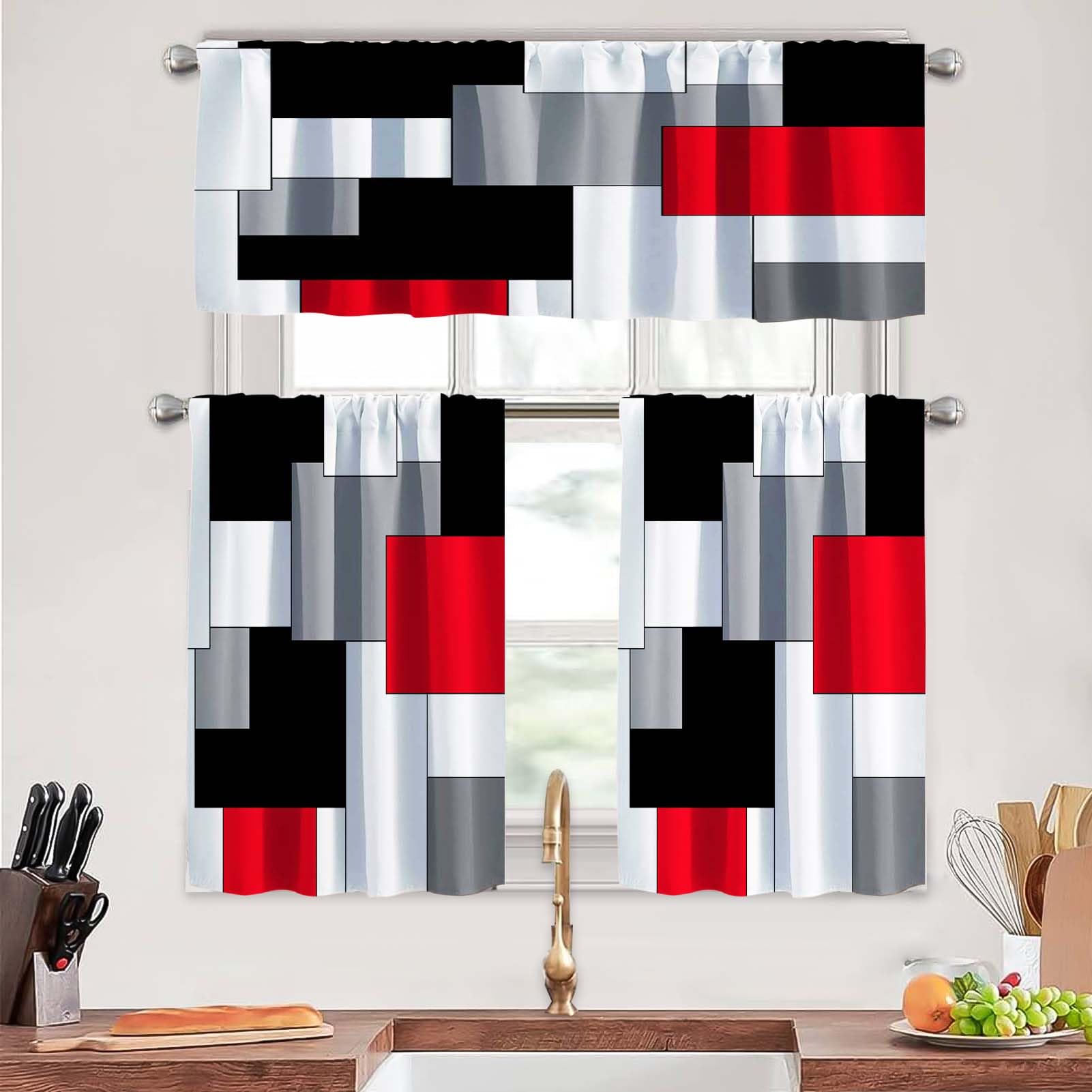 MCALK Red Thin Kitchen Curtains Tiers and Valances Set 3 Piece for Windows Grey and Black Kitchen Window Curtains Set,White Modern Abstract Art