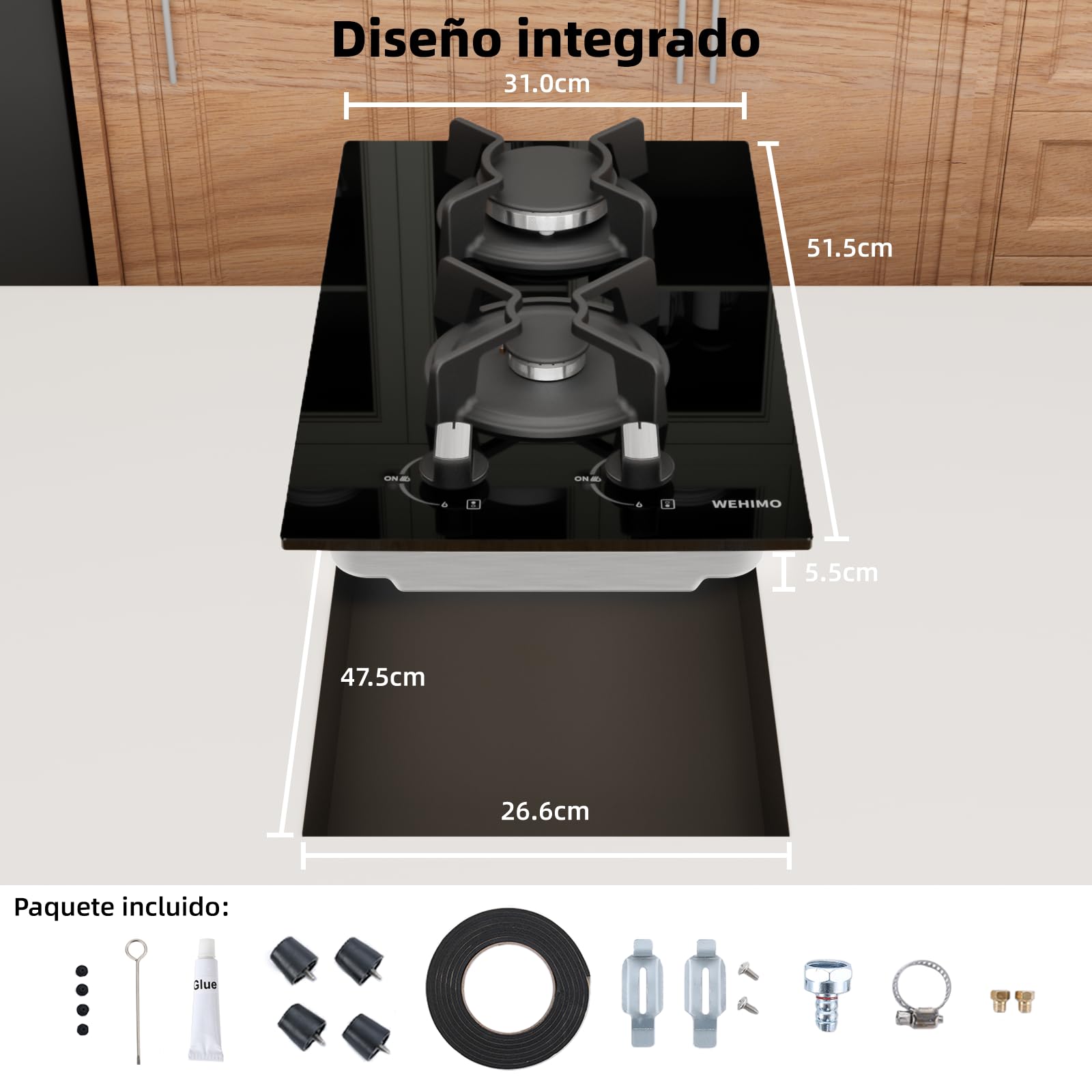 WEHIMO - Placa de cocina de gas de 2 fuegos, 2 fuegos empotrable, rejilla hierro fundido, 3700 W, gas ciudad y botella, cristal negro