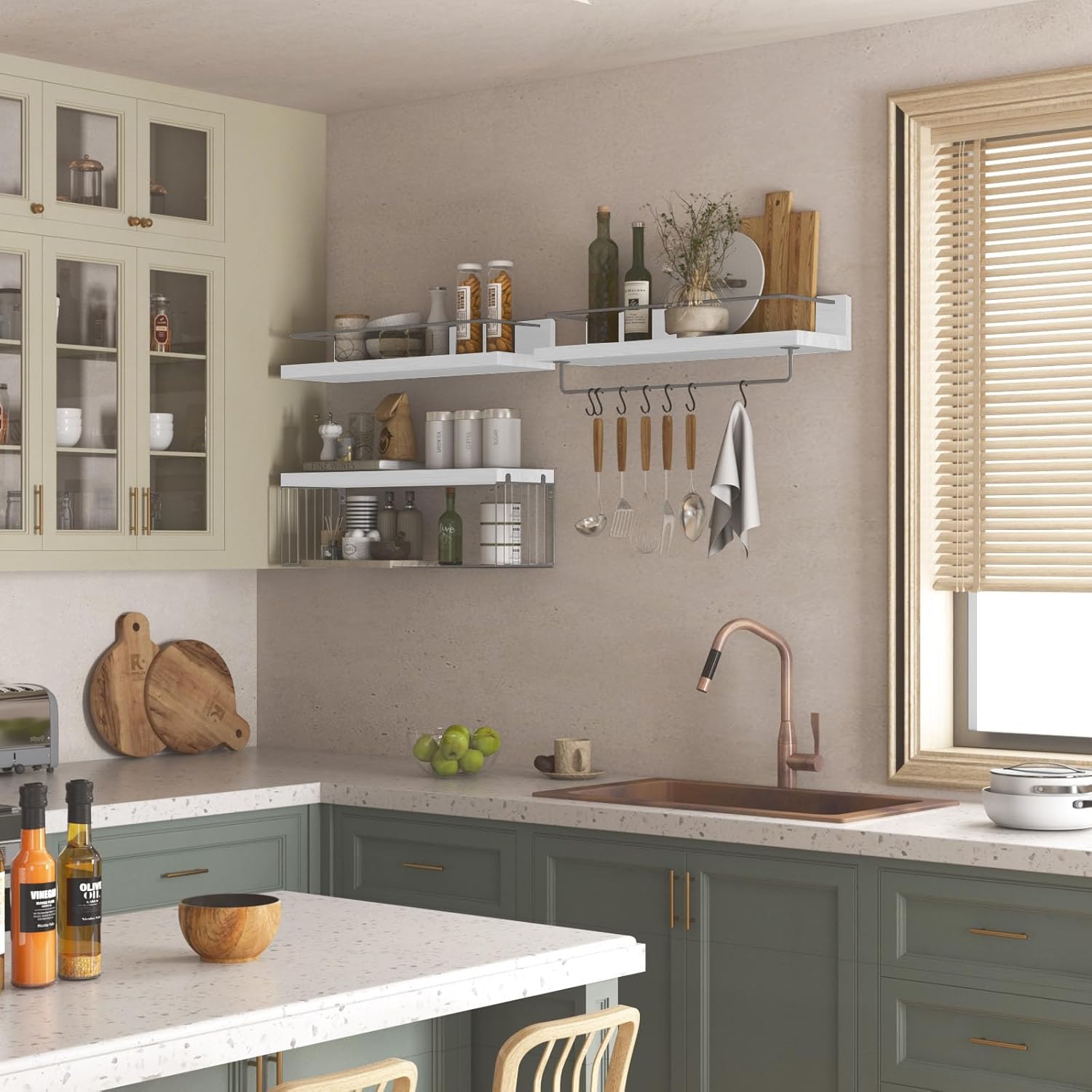 PopiShelves 22.5 inches Bathroom Shelves Over Toilet for Wall, Floating Shelves with Storage Basket Paper Holer for Kitchen Living Room, Bedroom & Classroom, Set of 3 (White and Grey) White and Grey 22.5"