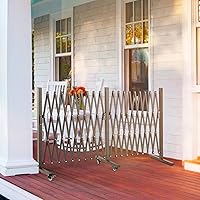 Vista 4 de TECSPACE Valla de jardín expandible de aluminio, puerta de barricada portátil con ruedas, valla retráctil ajustable, barrera de seguridad de Marrón