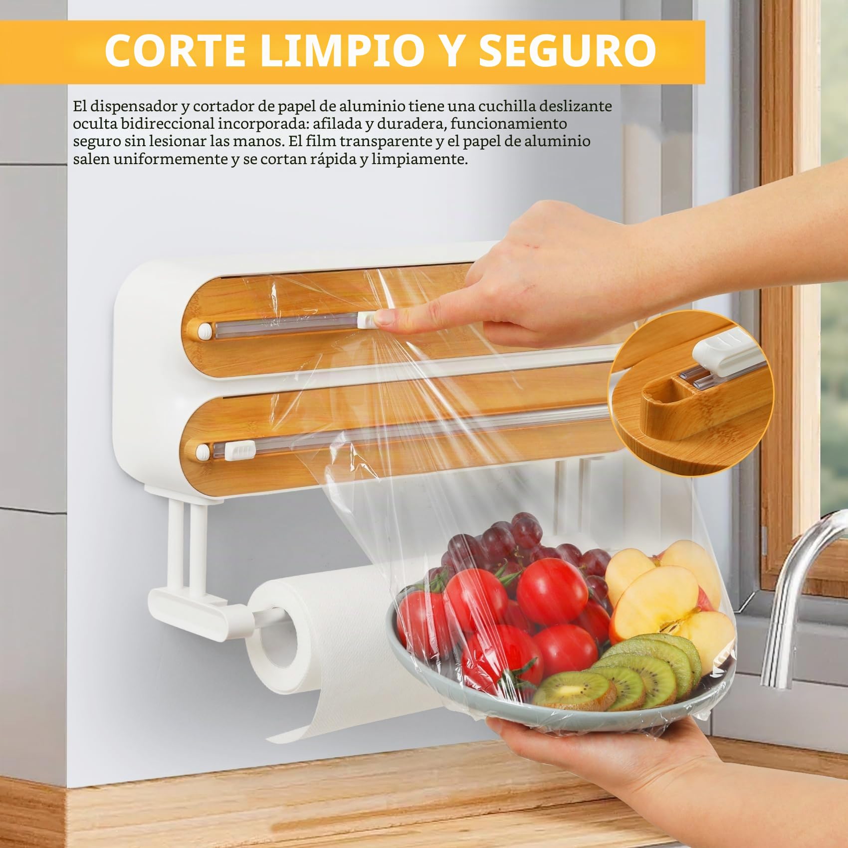 Dispensador Papel Aluminio y Film con Portarrollos Cocina - Organizador Mejorado Magnético de Papel Film Transparente con 50 Metros Film de Plástico, Soporte Papel Cocina 3 en 1, Blanco