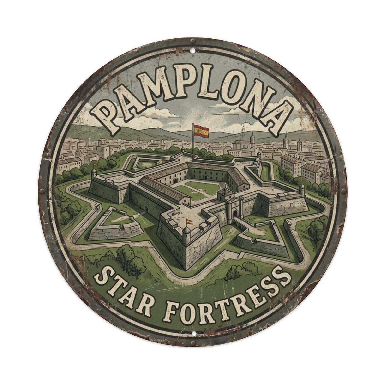 Vintage Travel Pamplona Citadel Fortress Metal Tin Sign Plaque Wall Decor for Cafe, Club Bar, Office, Home Garden Round Metal Poster 8x8Inch