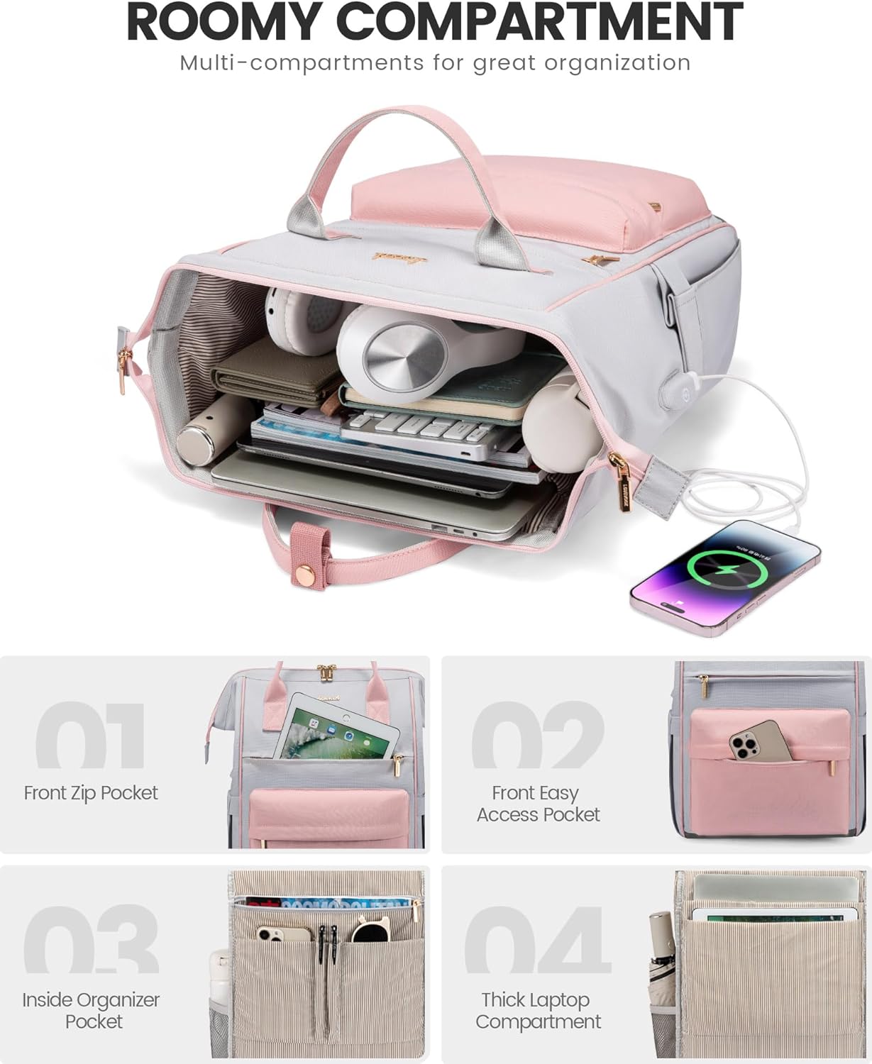 LOVEOVOOK 15.6 Inch Laptop Backpack for Women, Large Capacity Travel Backpack with USB Charging Port, Waterproof Work Backpack for Business, College, Nursing & Airline Travel,Pink&Gray - Image 3