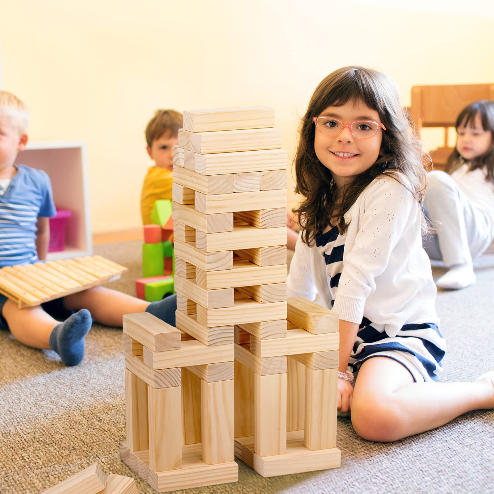 RELAX4LIFE Torre Traballante in Legno di Pino da Sottrarre e Costruire, con 54 Blocchi Impilabili, Dado, Borsa di Trasporto Portatile, per Bambini e Adulti