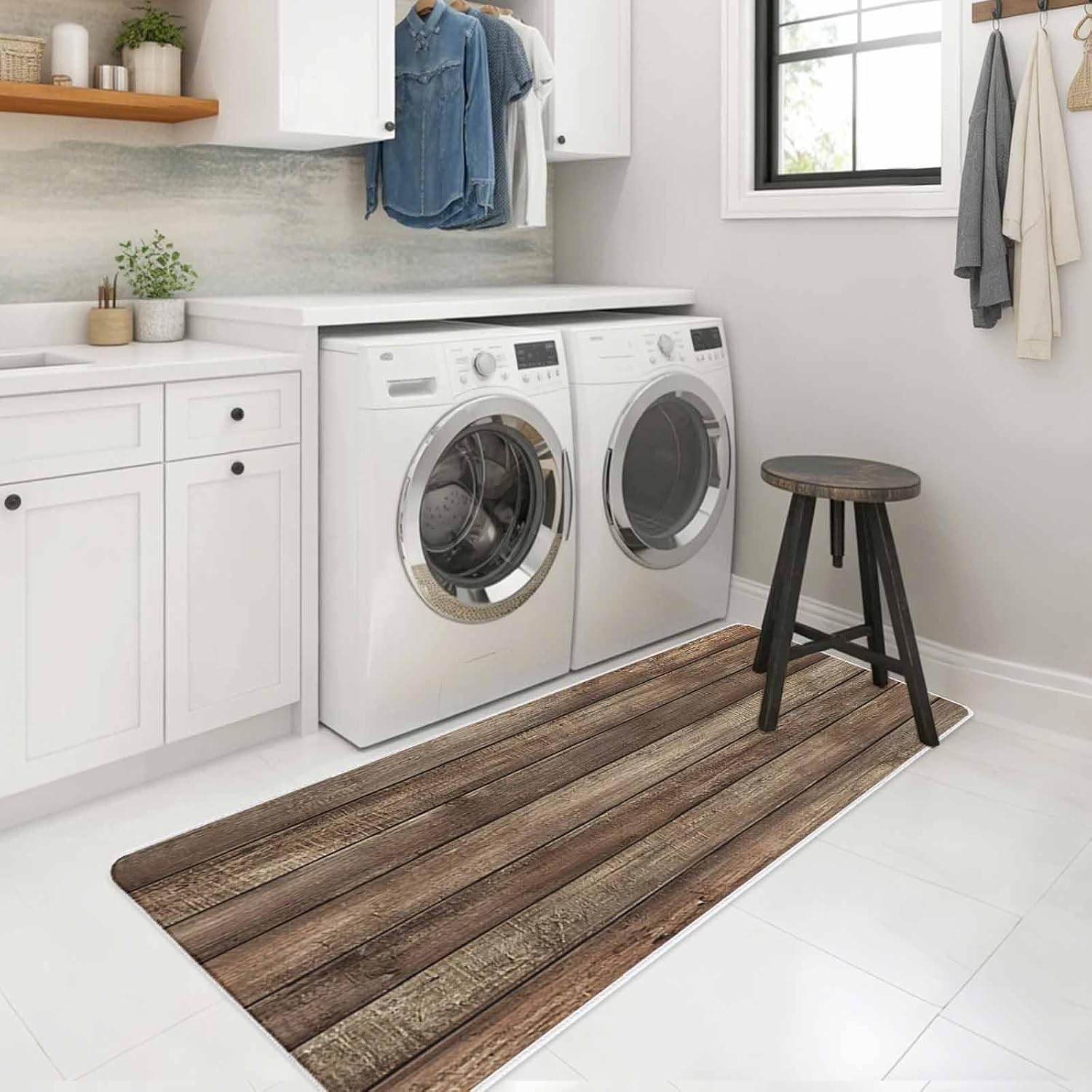 Vintage Farmhouses Brown Wood Grain Kitchen Rug and Mat,Washable Floor Mats Standing Cushioned Set of 2,Barn Theme Slip-Proof Doormat Runner Rugs for Indoor Bathroom Laundry Sink