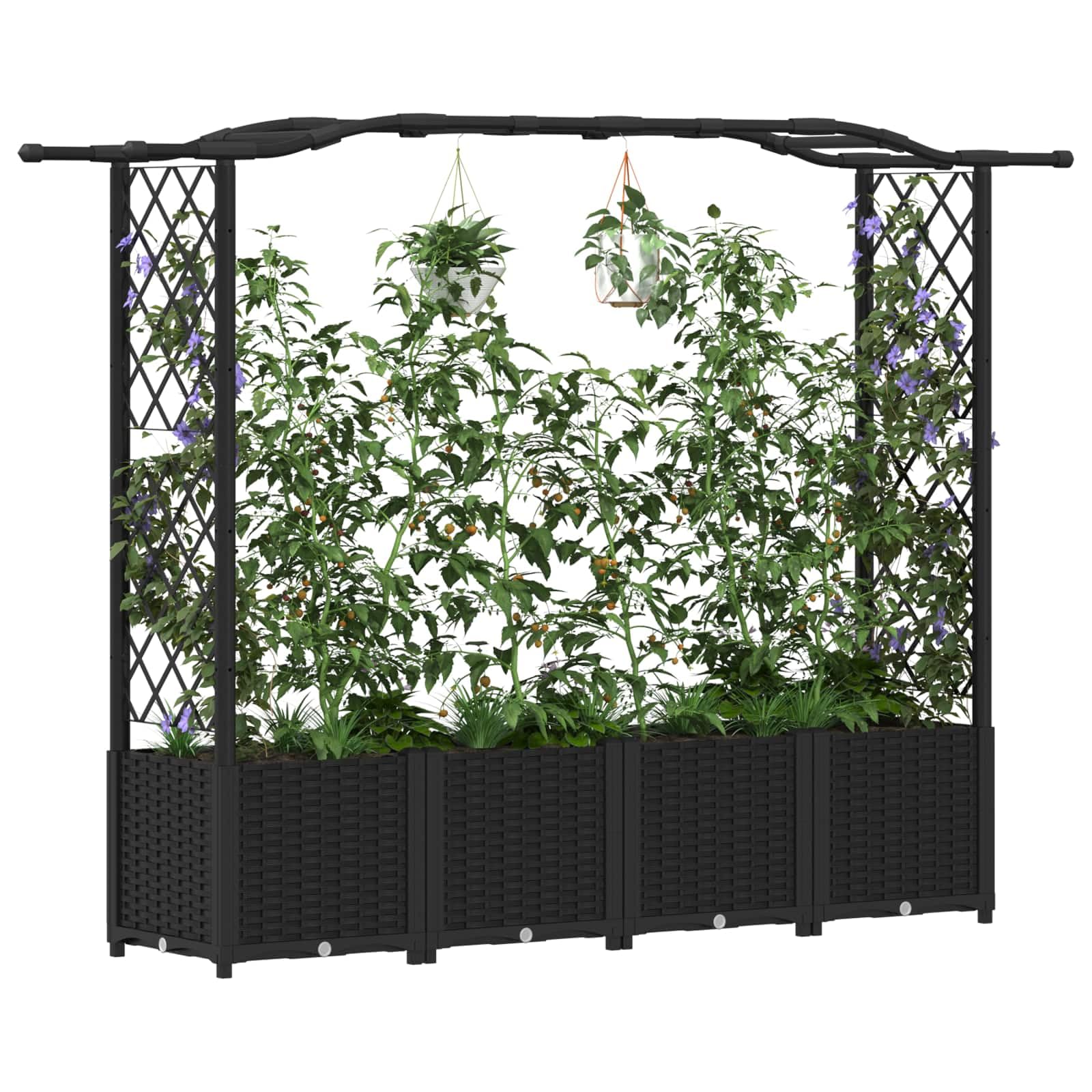 Cama de flores elevada con rejilla y techo negro, maceta de PP 204 cm | Plantador resistente de PP para balcón, terraza y jardín. Ideal para plantas trepadoras gracias al spalier integrado.
