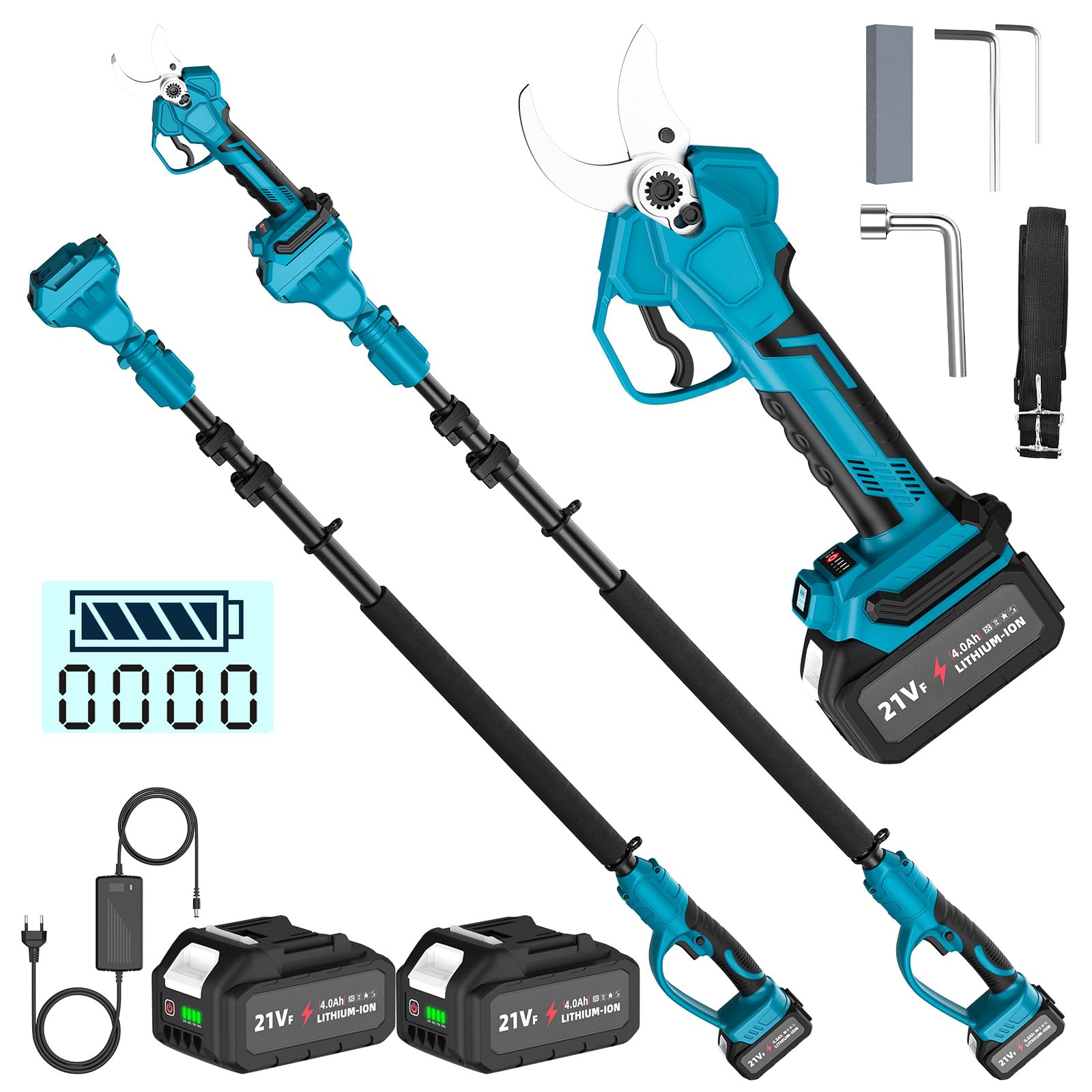 Sécateur Électrique Sans Fil avec Perche, 40MM Sécateur Électrique Télescopique avec 2 x 4,0Ah Batteries, Portée Maximale 1,6-2,8M, Moteur Brushless 1000W, Sécateur à Batterie pour Jardinage/Arbres