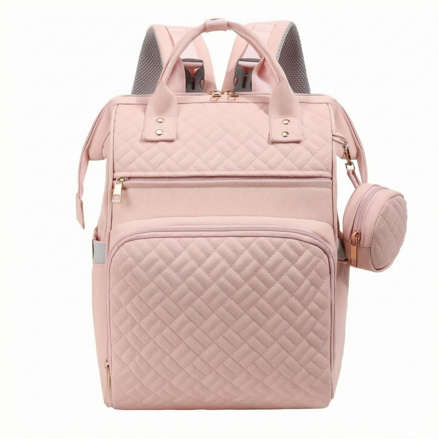 SNAPPSY Diamond Pattern Mommy Diaper Bag Backpack Multiple Compartments Quilted Diaper Backpack Rectangular Shape Padded Shoulder Straps for Moms, Everyday Use, Pink-image-22