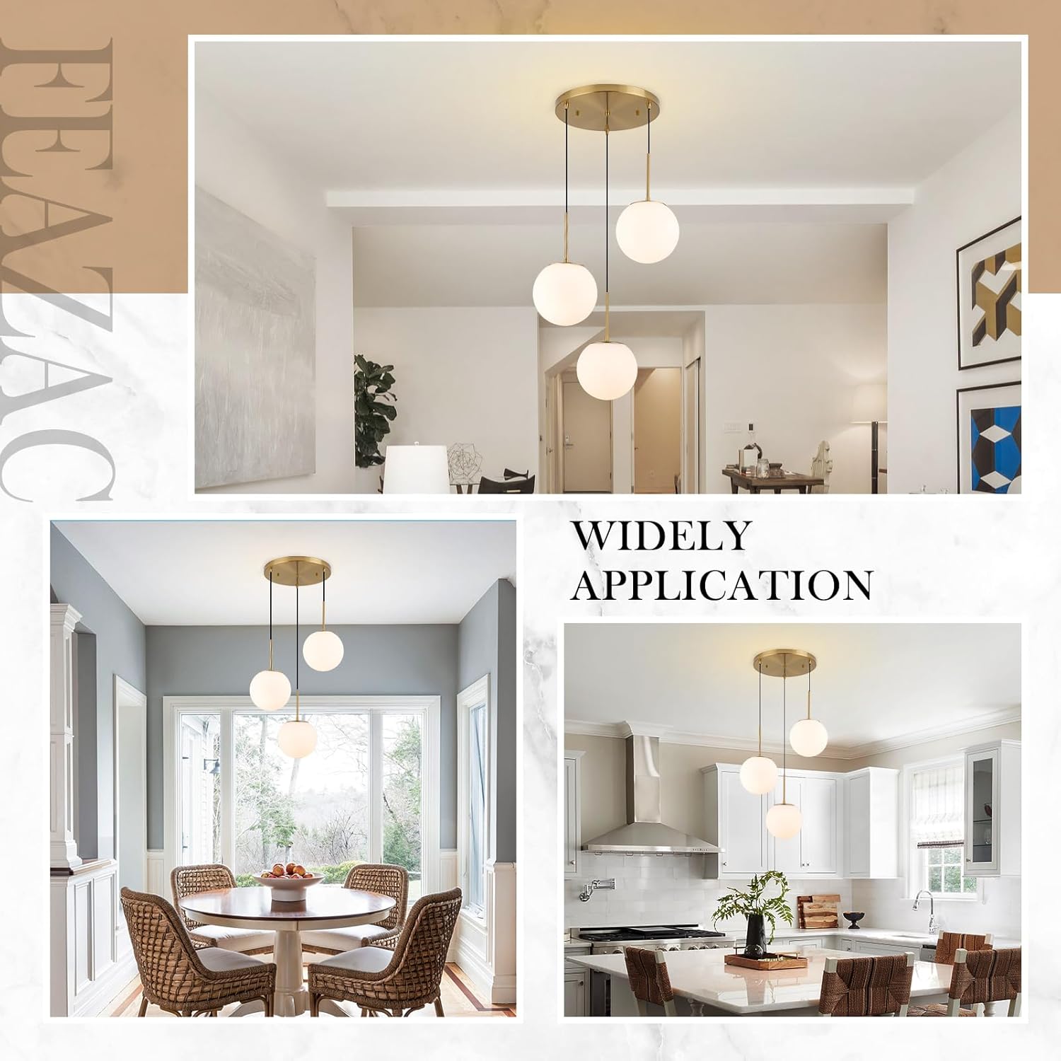 3-Light Cluster Pendant Lights, Mid Century Modern Globe Cluster Chandelier with Milk Glass, Brass Gold Pendant Lighting for Kitchen Island, Staircase, Dining Room, Living Room