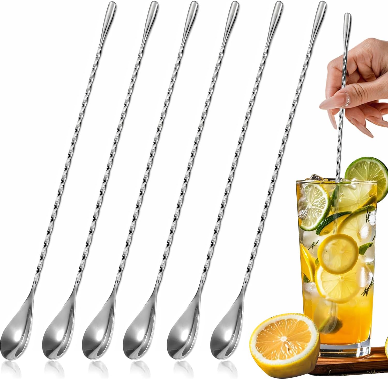 ABK 6-Pack 12-Inch 18/10 Stainless Steel Spiral Bar Spoons - Long Handle Cocktail Stirrers for Mixing