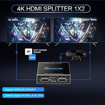 SP12H2 4K HDMI Splitter - 1x2 HDR, Dolby Vision Atmos, Down Scaler, 4K 1080P Sync, 4:4:4, HDCP2.2, EDID 4K5.1/4K7.1/Copy, For Game, Xbox, PS5, Roku