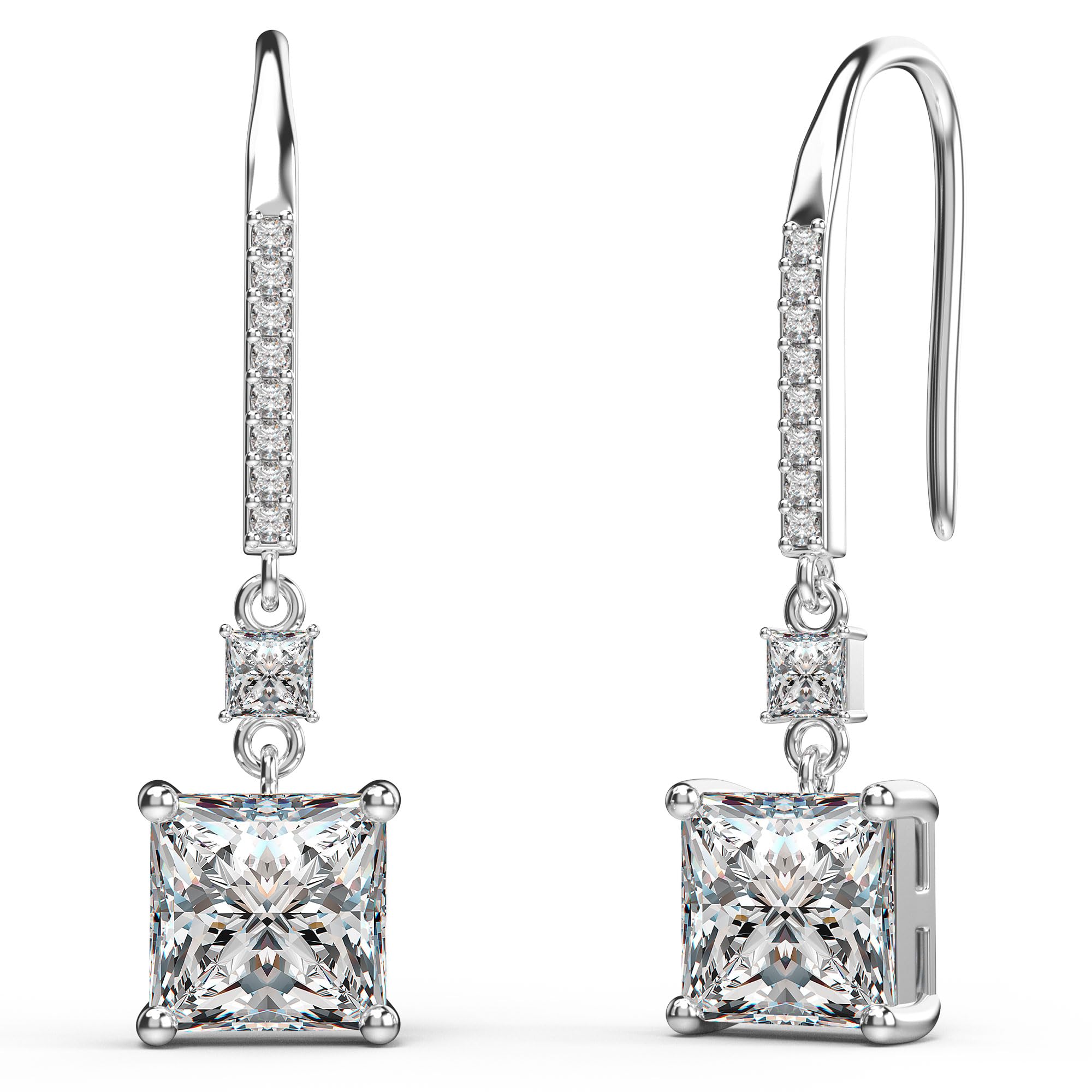 18K White Gold Plated Sterling Silver Square Princess Cut Cubic Zirconia Dangle Earrings for Women Square CZ Diamond Drop Dangling Earrings for Women