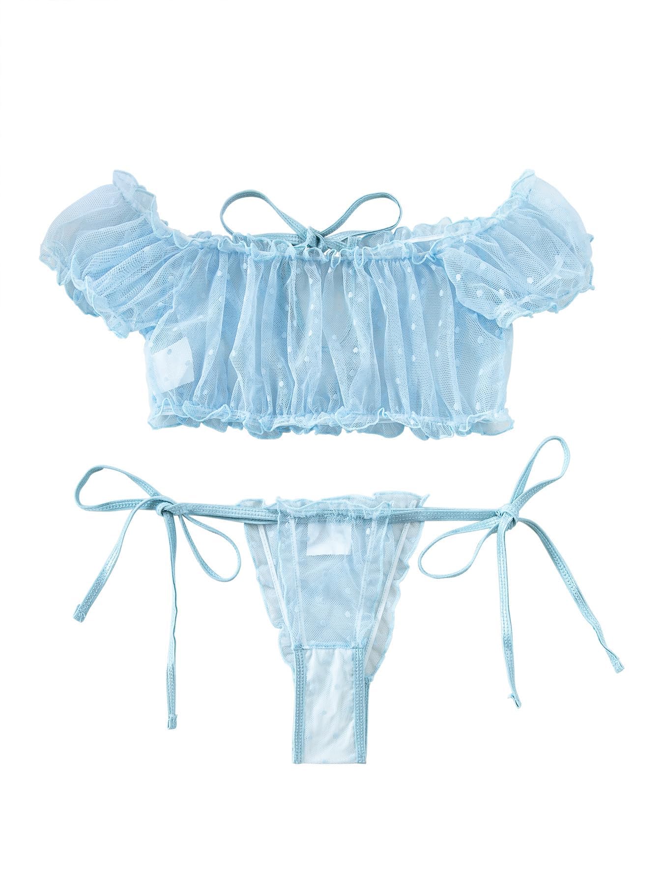 Lilosy Sexy Stretch Ruffle Tie Sheer Mesh Lingerie Set Outfits: Large Polka Dot Light Blue