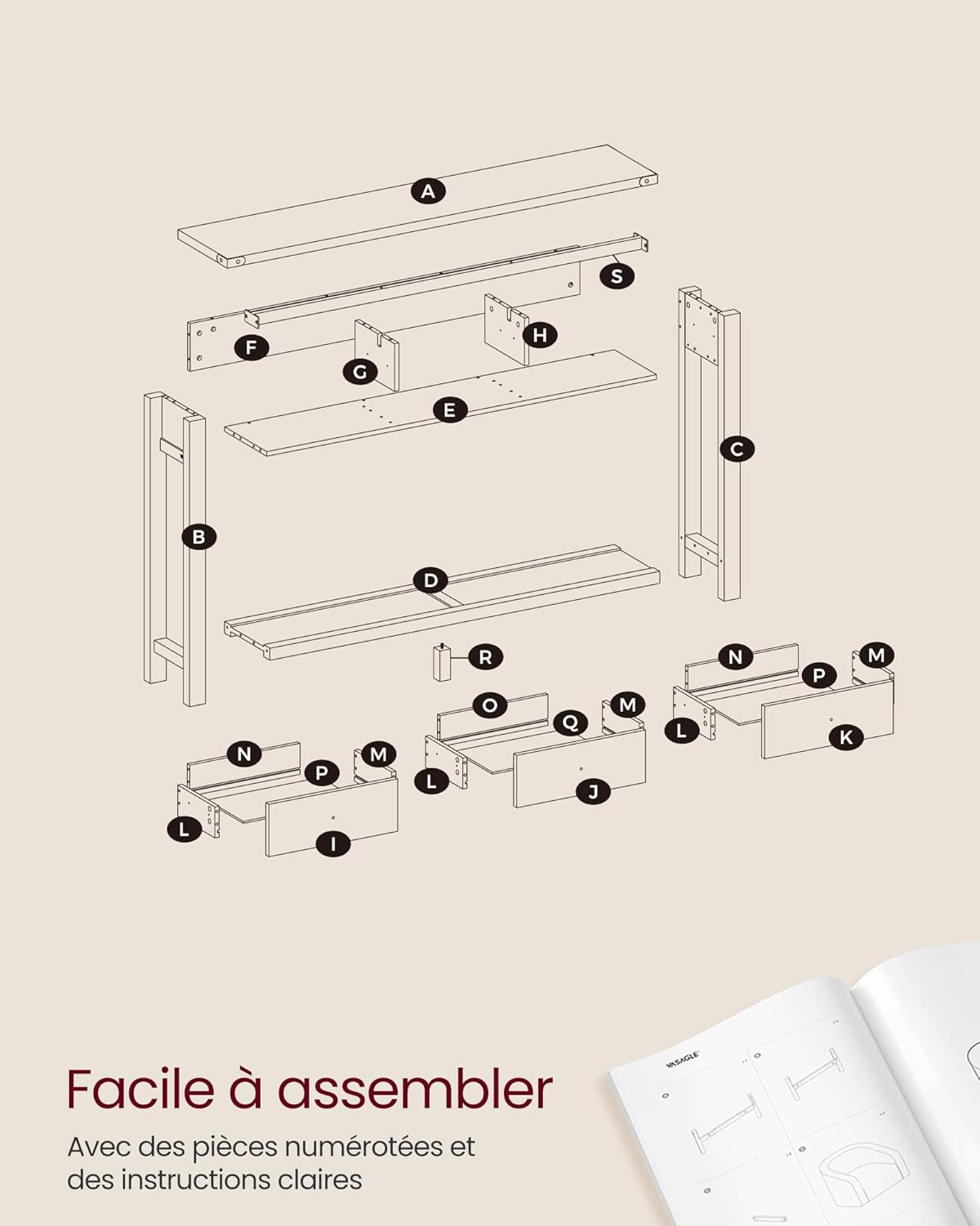Exploded diagram of the VASAGLE Console Table LNT142K41 components for assembly.