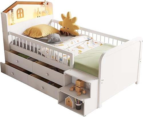 Miniatura 65 de Cama de plataforma de tamaño individual con cabecera de almacenamiento y luz LED integrada, base de cama de plataforma de madera con barandilla de