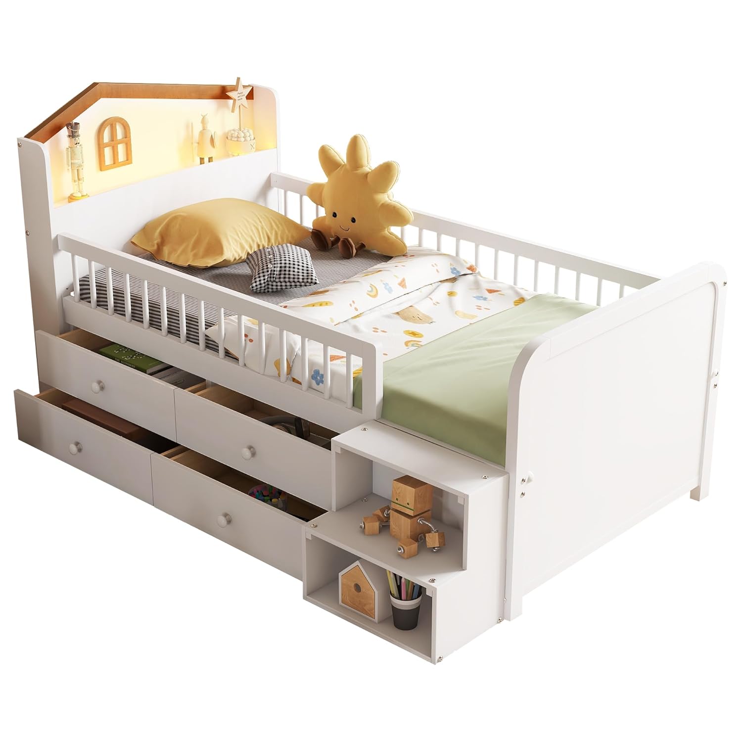 Ball & Cast Low Loft Bed Twin Size with LED Lights and House Shape Headboard,Wood Bed Frame w/Storage Drawers & Full-Length Guardrail,Space-Saving Furniture for Girls Boys Student Dorms,White