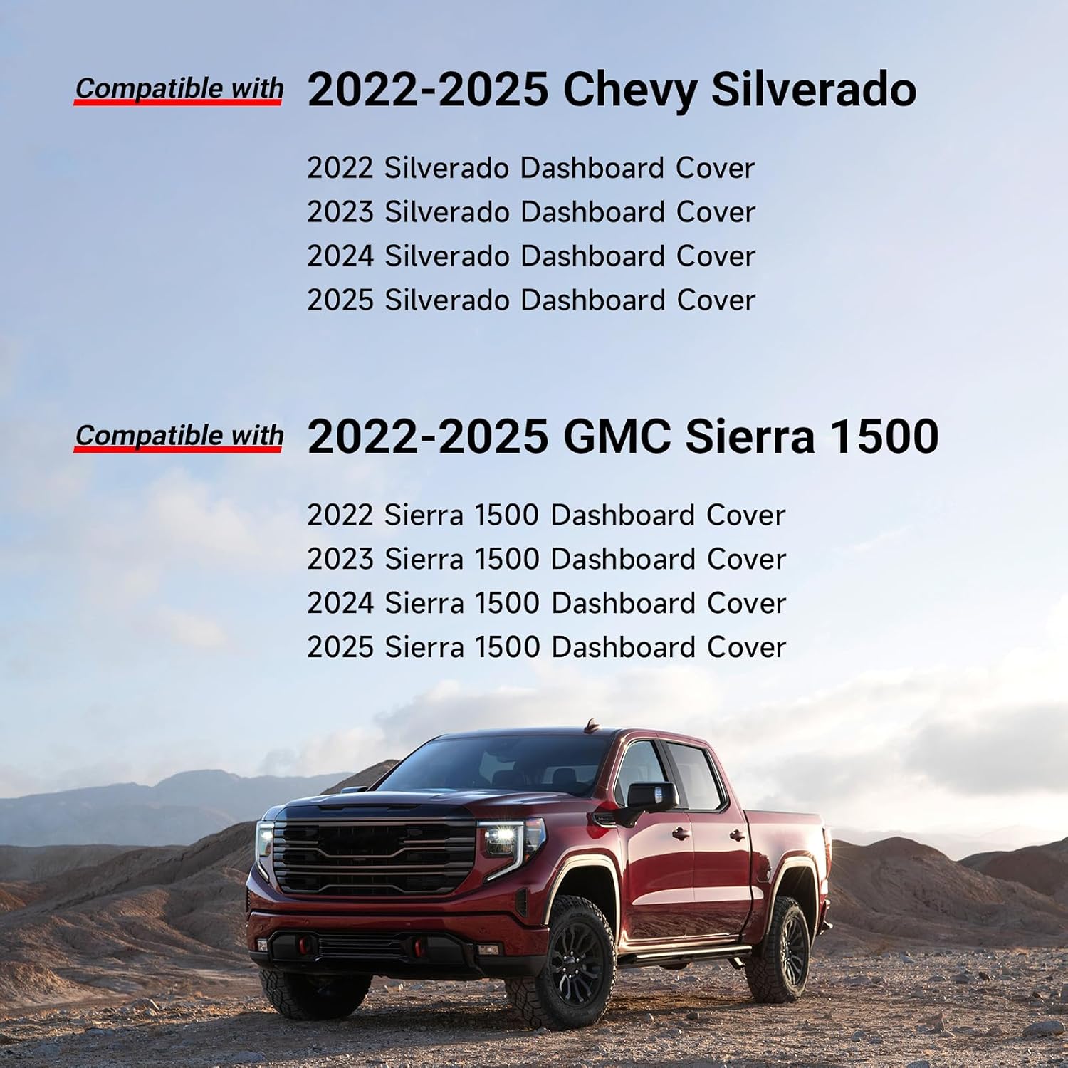 Dash Cover for 2022-2024 2025 2026 Chevy Silverado/GMC Sierra 1500 Dash Cover Mat Accessories 2024 2025 2026 Silverado/Sierra 2500HD 3500HD Non-Slip Center Console Protector Mat