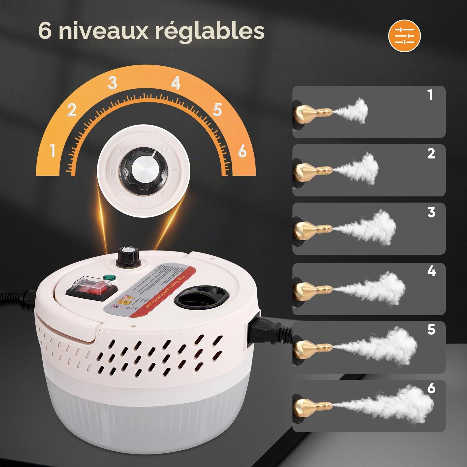 Nettoyeur vapeur 2500W, purificateur de vapeur à main, 1400ML grand réservoir d’eau, 6 vitesses réglables, 3 types de têtes de brosse pour tous les meubles de cuisine plancher salle de bain voiture