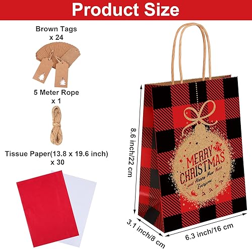 Miniatura 3 de Aneco 24 bolsas de regalo de Navidad, bolsas de regalo de búfalo rojo y negro, bolsa pequeña de papel kraft de Navidad con etiqueta de seda, bolsas