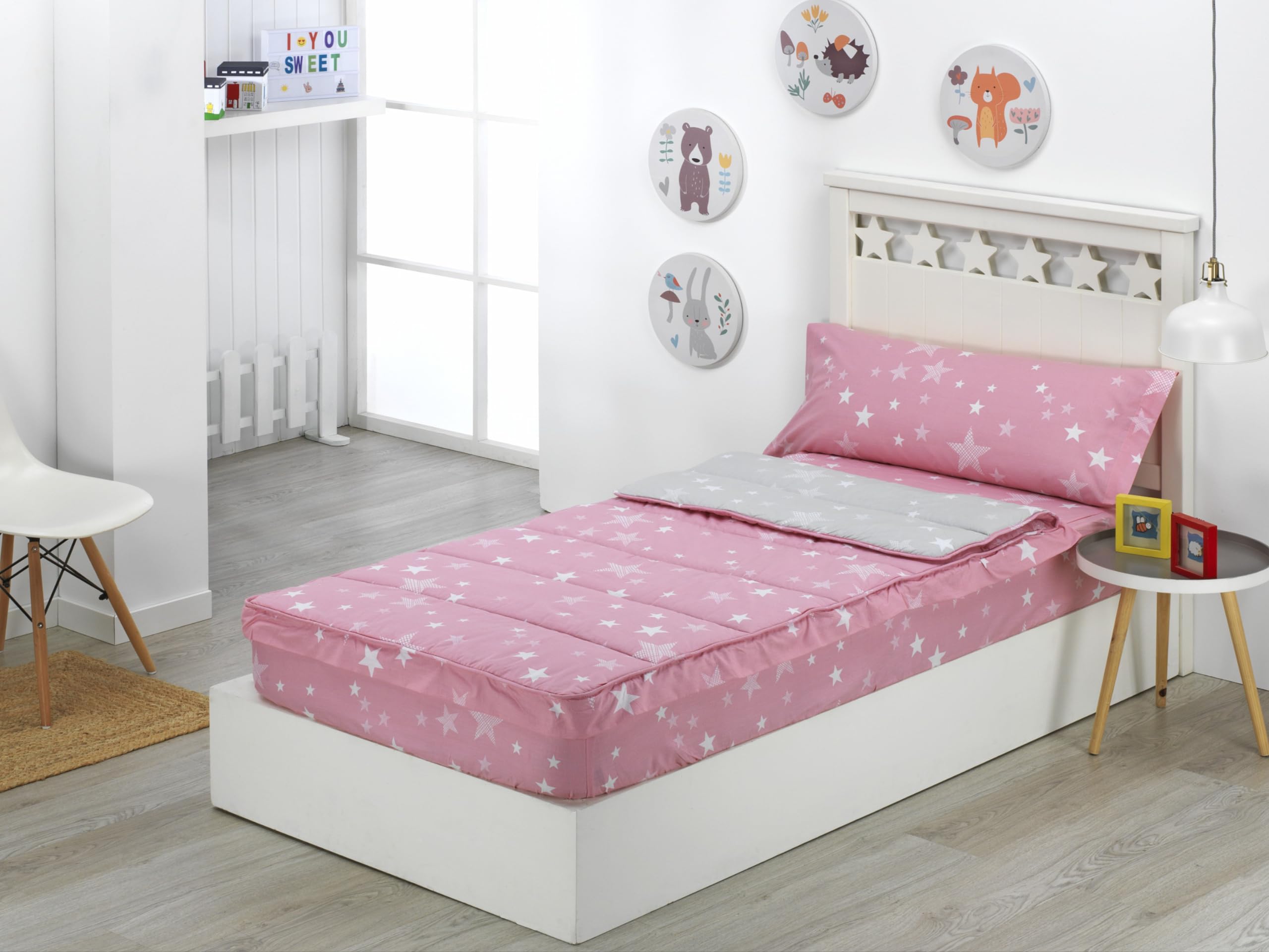 DHESTIA HOME - Saco Nórdico con Cremallera Edredón Ajustable Cama Infantil Estrellas Stars - Color Rosa, Talla Cama 90