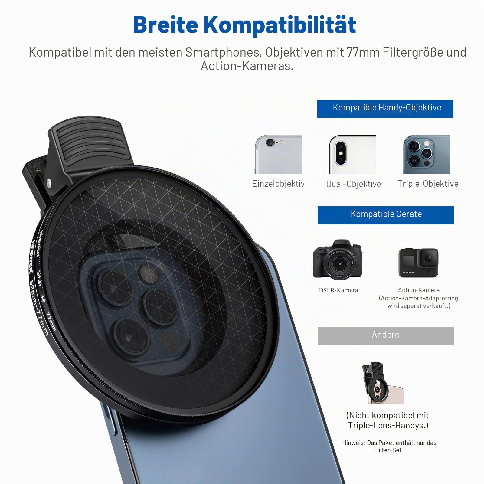 NEEWER 77mm Objektivfilter Set mit Handy Objektivclip, CPL + ND32 + Stern + 4 abgestufte Farbfilter Kompatibel mit iPhone 17, 16, 16e, 15, 14 Pro Max, Canon, Nikon und Sony Kameras