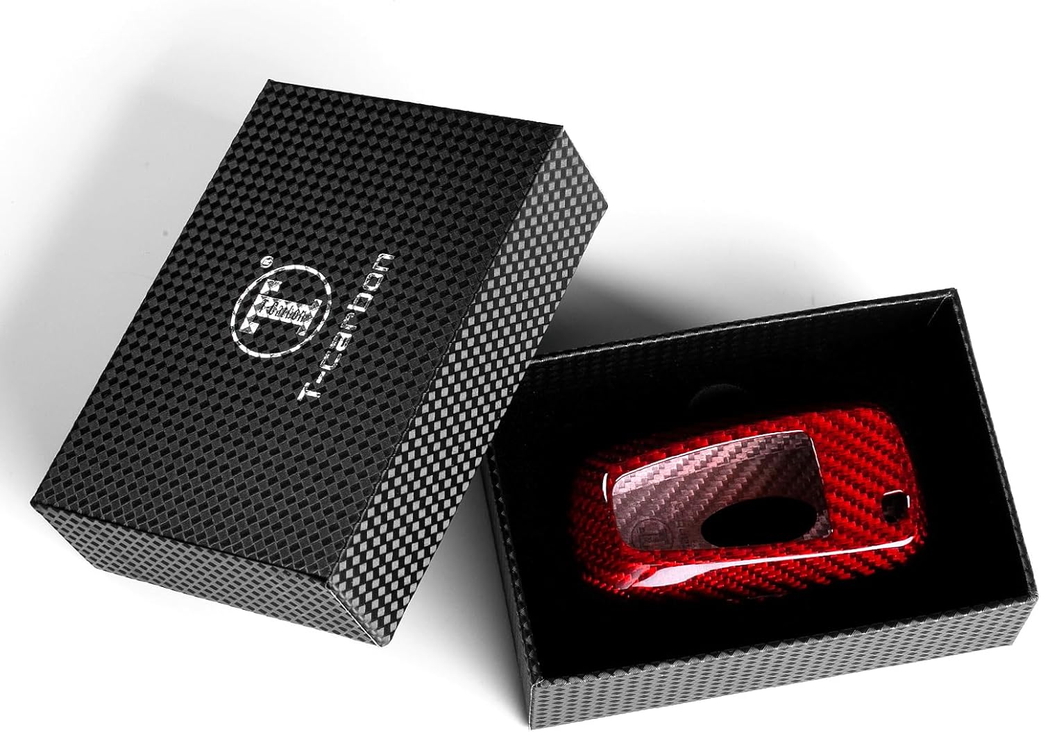 T-carbon Key Fob Cover with Keychain Fits Ford F150 F250 F350 F450 Mustang Explorer 2025 Accessories,Glass Fiber Key Case Fits Ford Escape Edge Ranger Expedition 2024 Smart Keyless 3 4 Buttons RED