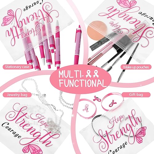 Miniatura 9 de Abbylike 150 bolsas de maquillaje para concientización sobre el cáncer de mama, bolsas de cosméticos rosadas a granel, regalos para sobrevivientes