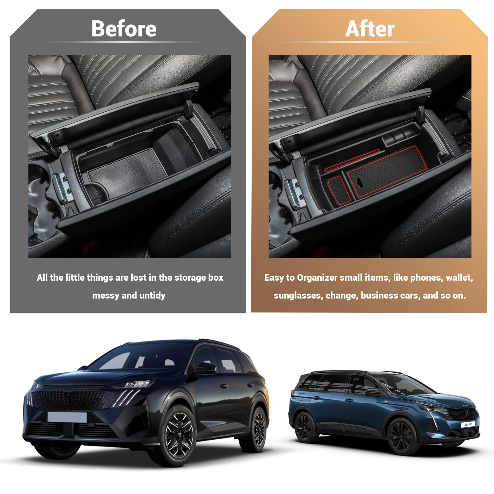 YEE PIN Compatibile con Peugeot 3008 5008 2017-2024 / C5 aircross 2018-2024 scatola di immagazzinaggio console centrale 3008 5008 organizer vassoio per braccioli, organizer accessori con 3 colori