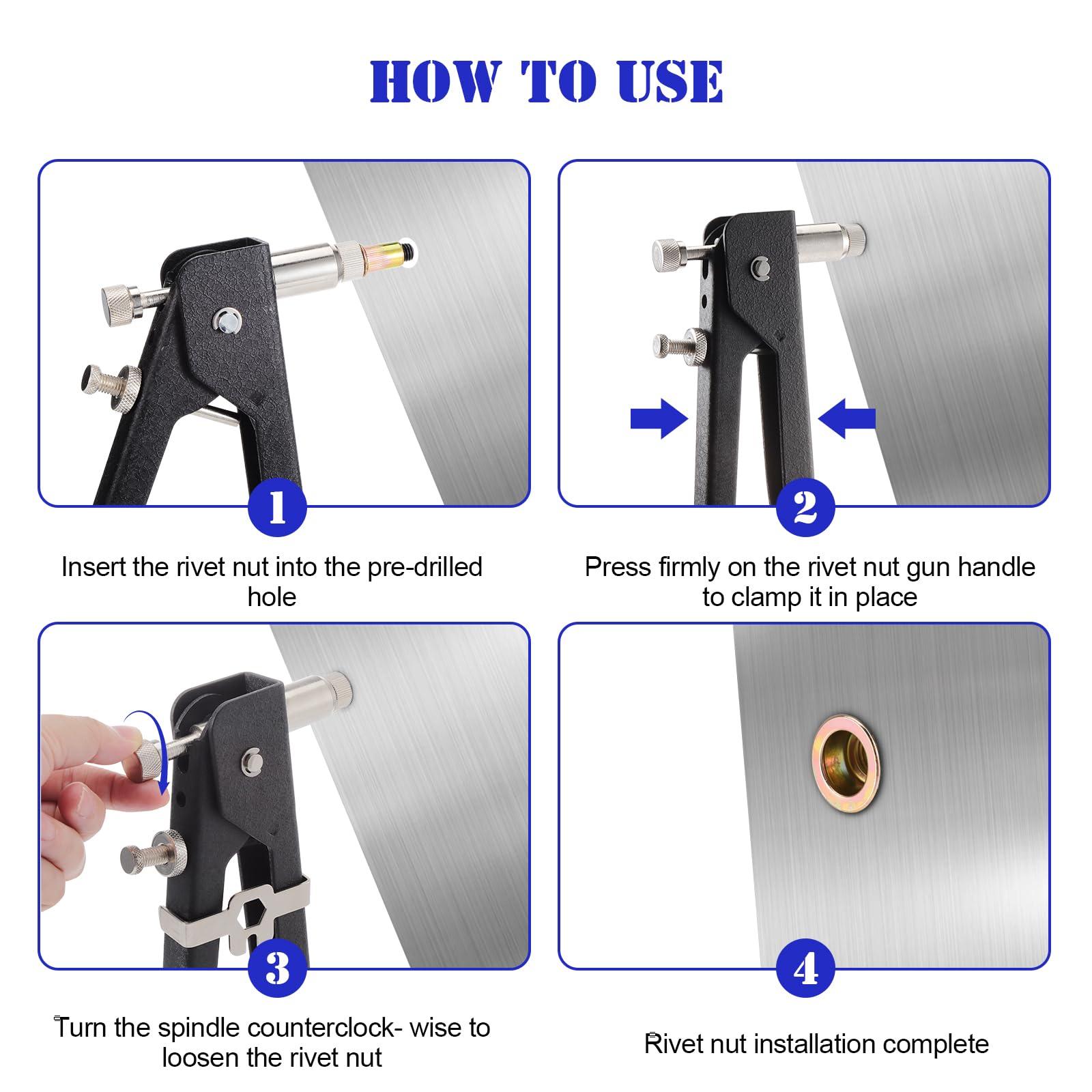 Gueenky Pince à Insert Fileté, Pince à Rivet Insert avec 430 M3 M4 M5 M6 M8 Écrous à Sertir et 5 Mandrins, Kit de Pistolet à Écrou Riveteuse pour Réparation Auto & Métal